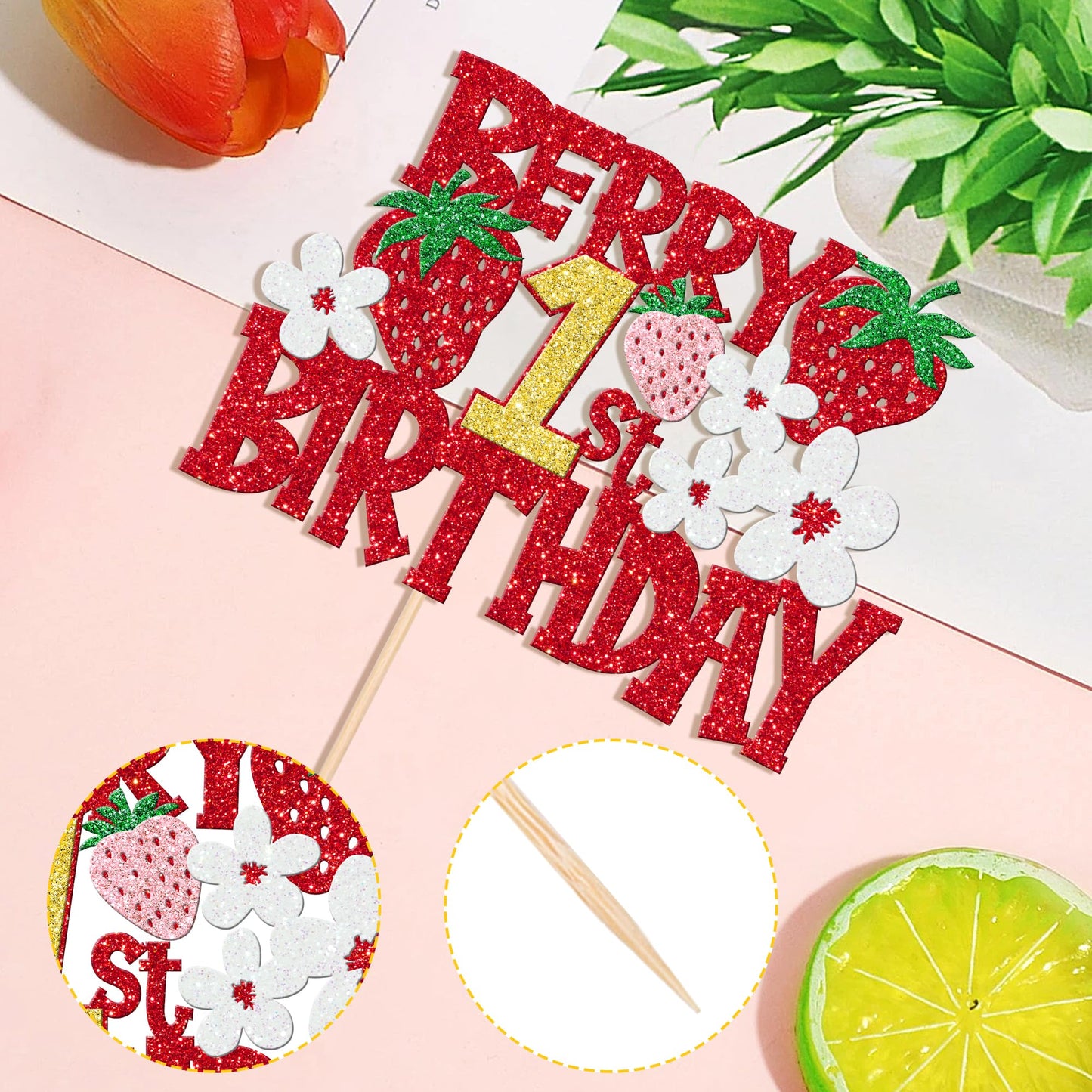 1 Pcs Berry 1St Birthday Cake Topper Red Glitter Flower Fruit Sweet One Strawberry Cake Pick First Birthday Strawberry One Cake