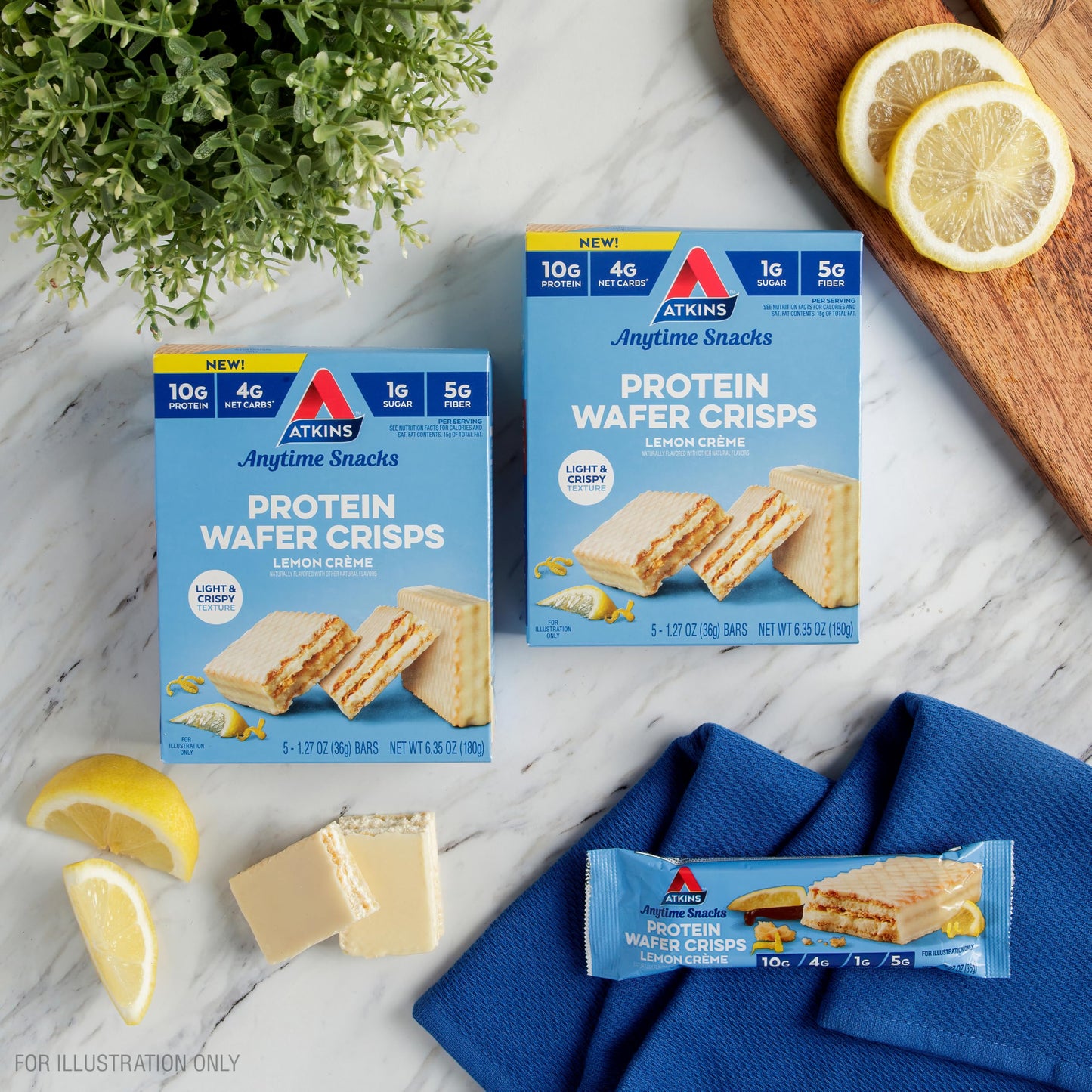 Atkins Lemon Wafer Crisps, Protein Snack, 10g Protein, 4g Net Carbs, 1g Sugar, 5g Fiber, 5 Count