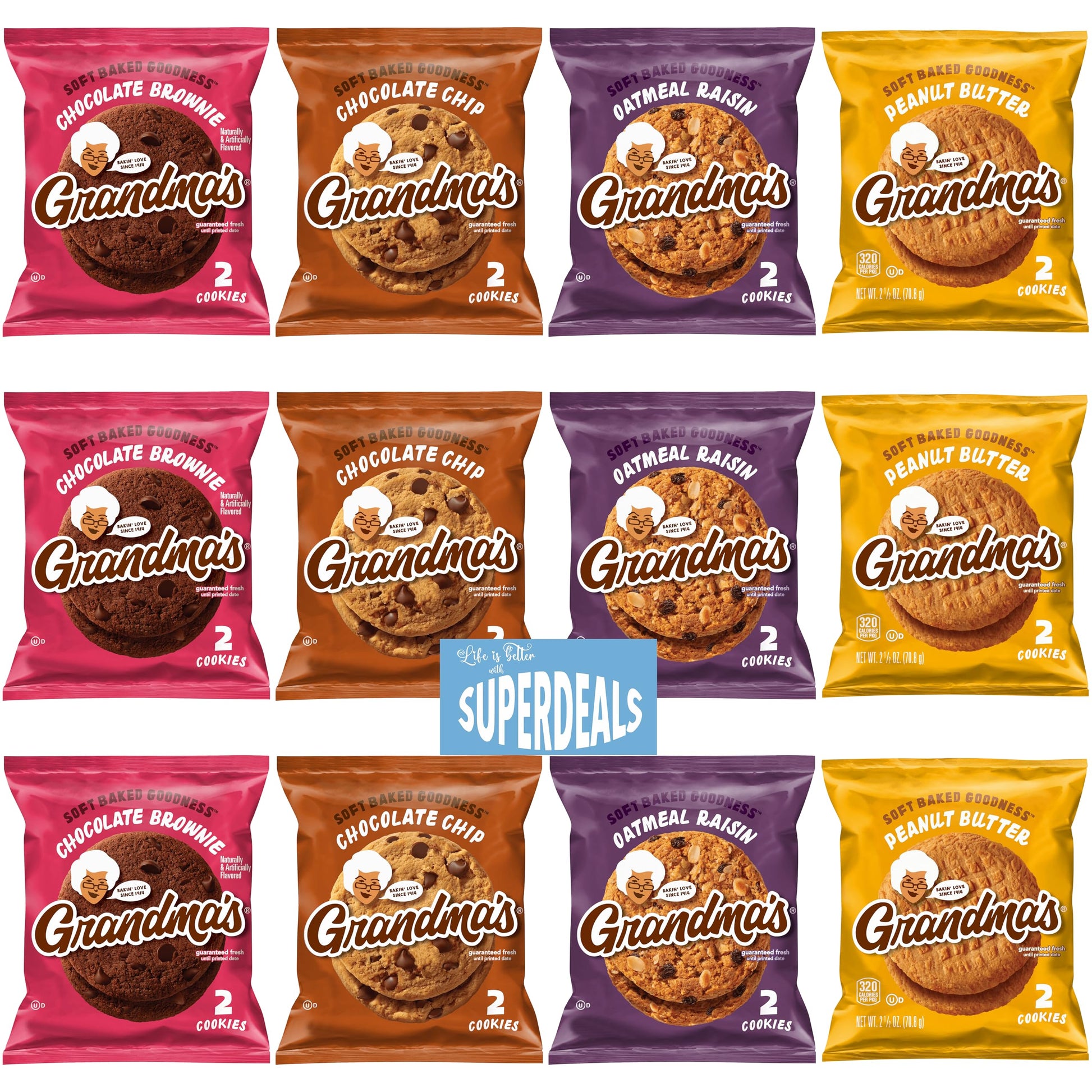 Grandma's Cookies, Variety Pack, (Pack of 12) Bundled by SUPERDEALS, 2.50 Oz Bag, with Mystery Gift 3 Chocolate Chip, 3 Chocolat