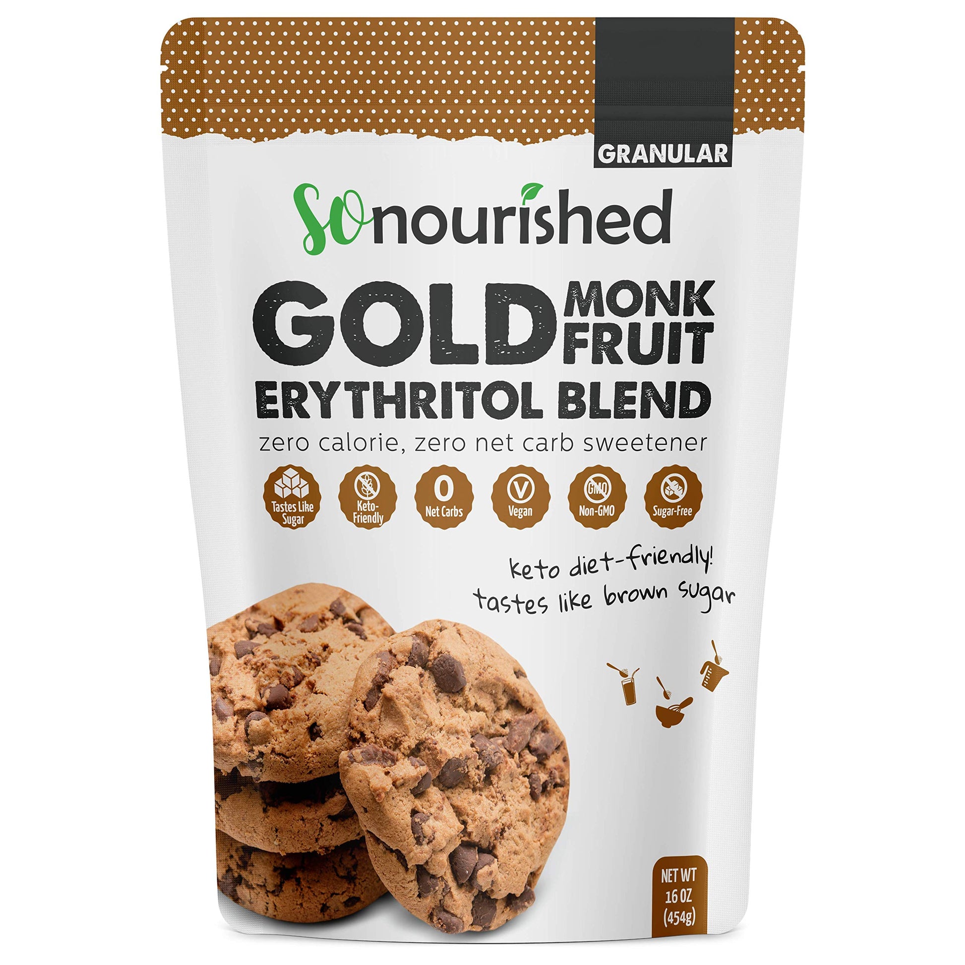 Gold - Brown Sugar Alternative Substitute 1:1 Sugar Replacement - Monk Fruit Erythritol Sweetener For Low Carb Dieters And Diabe