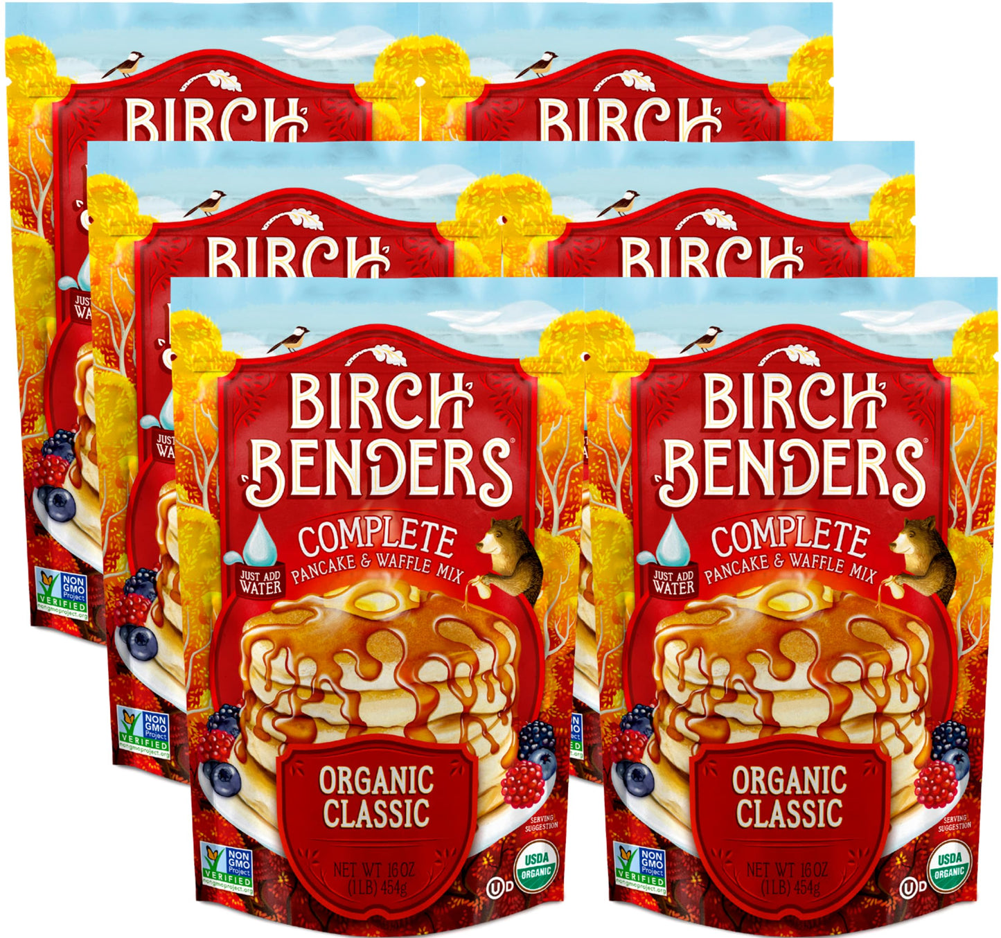 Birch Benders Organic Classic Pancake And Waffle Mix, Non-Gmo, Just Add Water, 16 Oz (Pack Of 6)