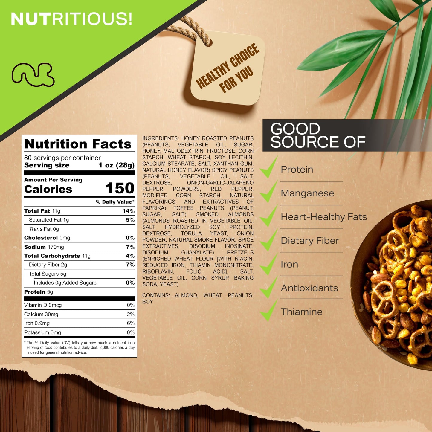 Nut Cravings Party Bar Nut Mix - Smoked Almonds, Pretzels, Toffee Peanuts, 80oz (5 LB) Resealable Bag