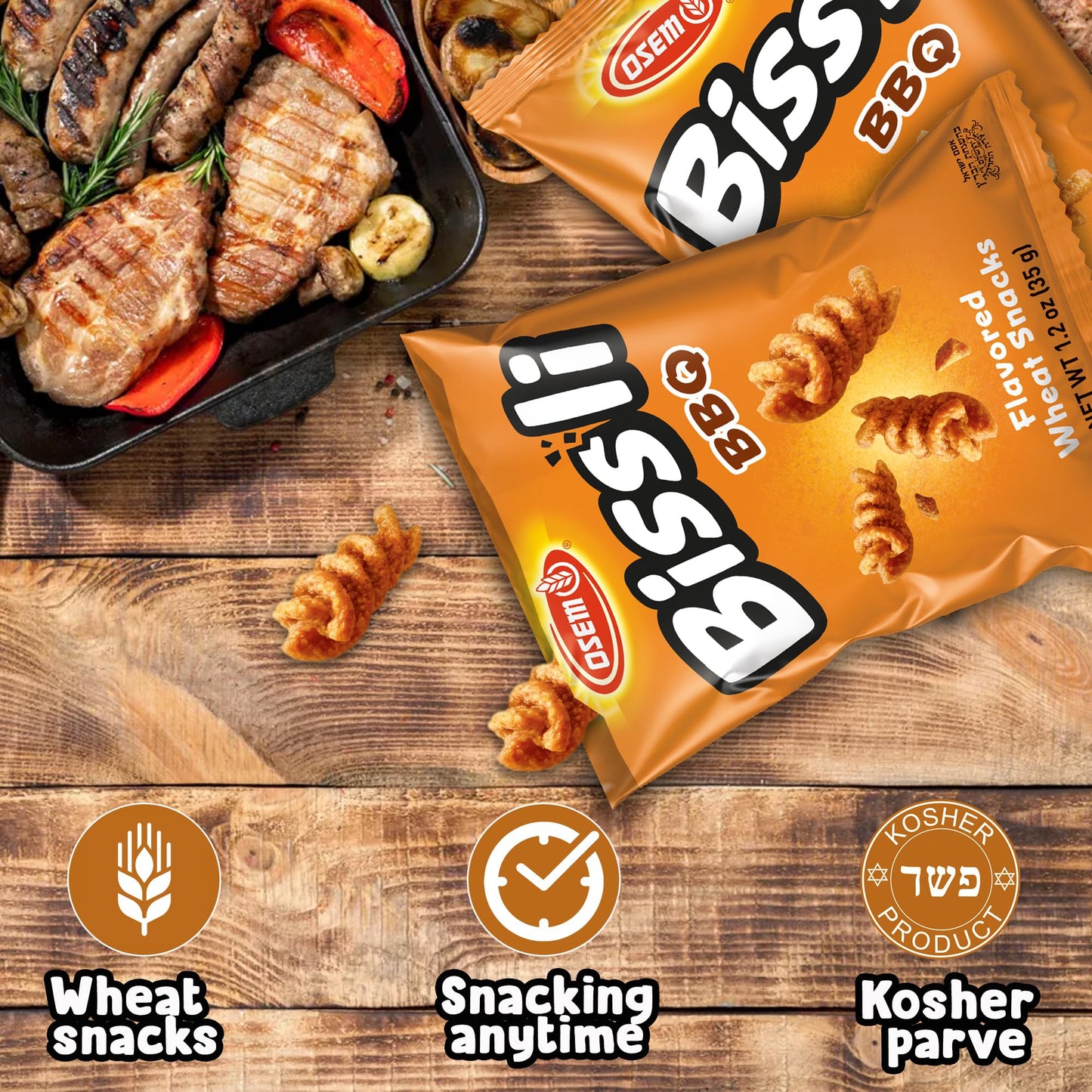 Osem Bissli Crunchy BBQ Wheat Snack, Kosher, 1.23oz Bags (Pack of 12)