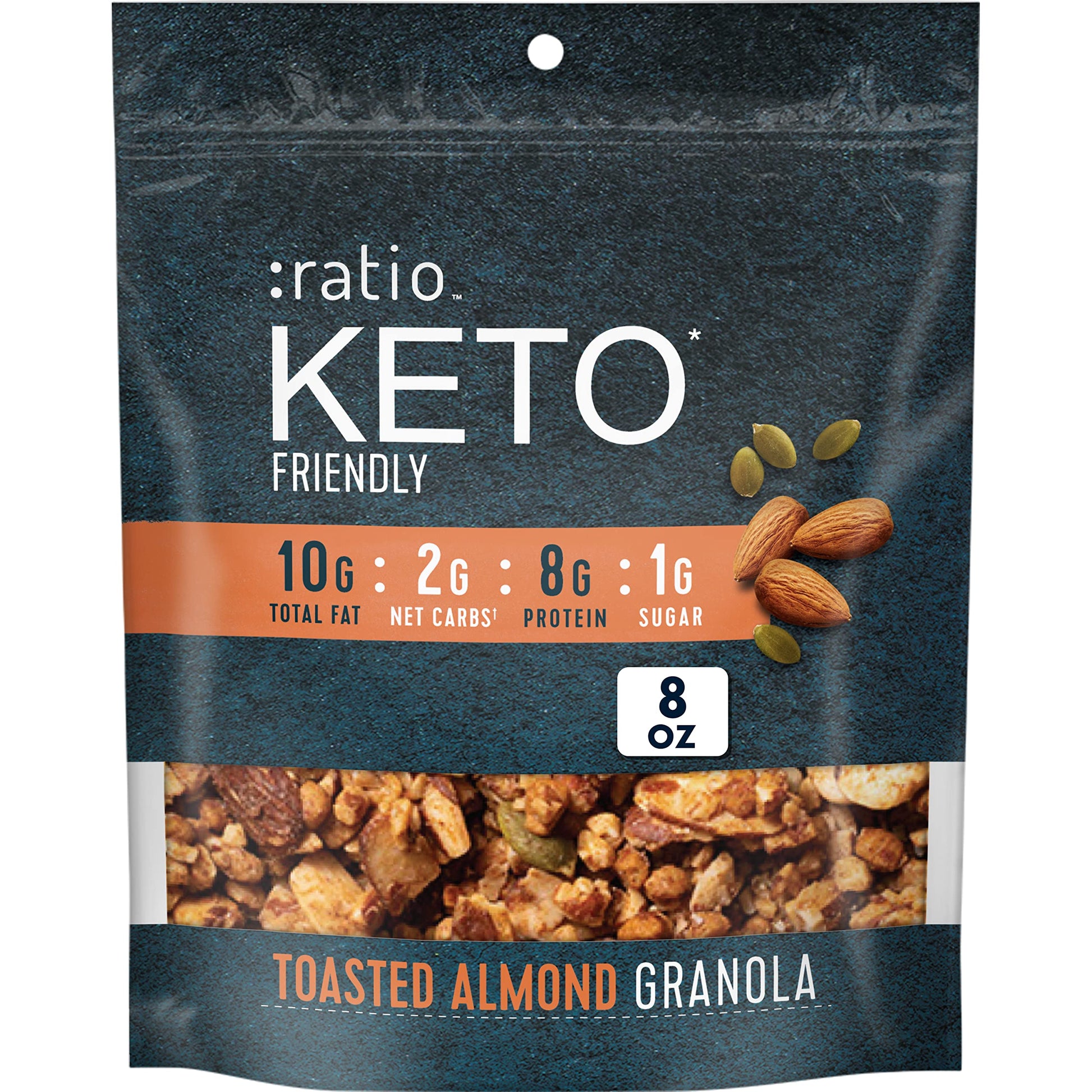 Ratio Trio Toasted Almond Granola Cereal, Keto Friendly, 1g Sugar, 8 oz Resealable Bag