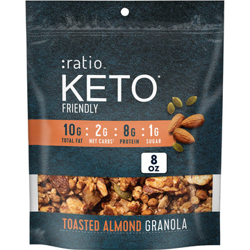 Ratio Trio Toasted Almond Granola Cereal, Keto Friendly, 1g Sugar, 8 oz Resealable Bag