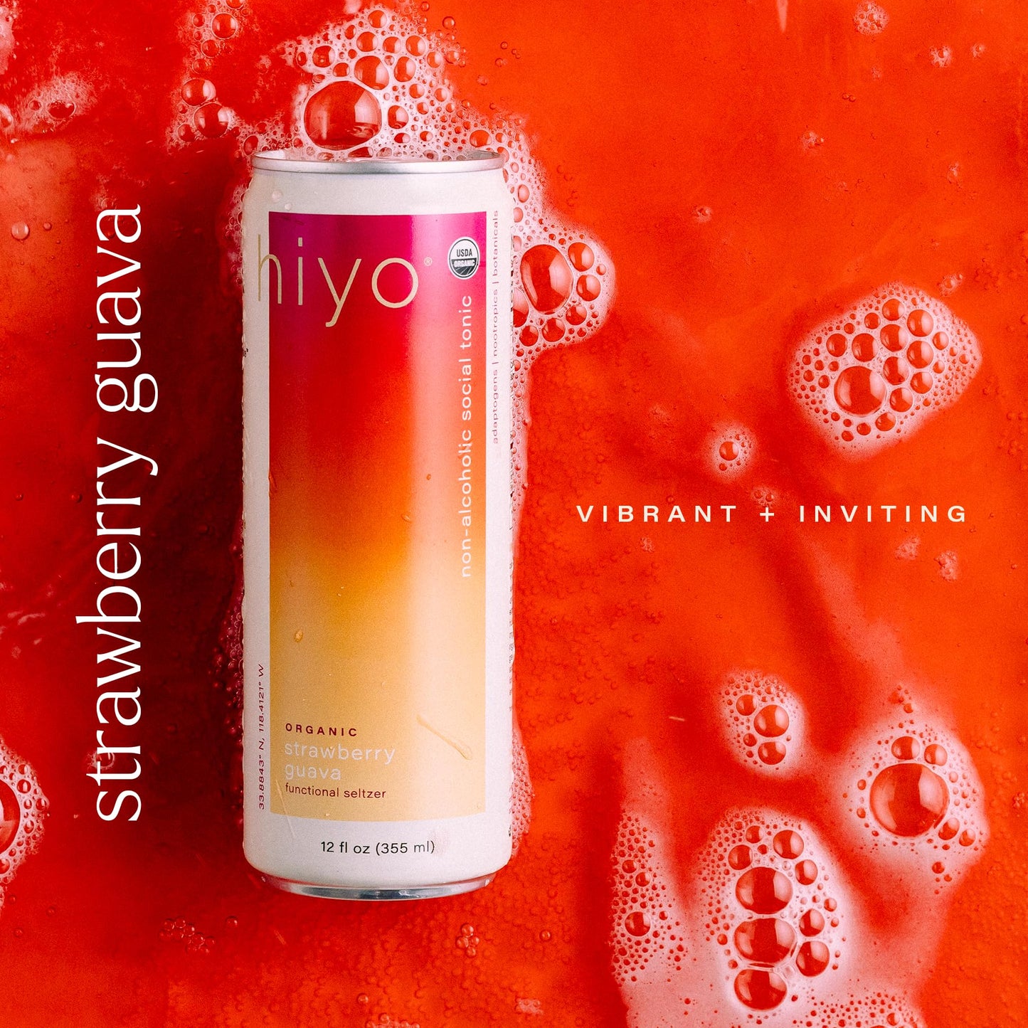 Hiyo Organic Social Tonic - Strawberry Guava, 12 Pack - N.A. Functional Seltzer, Sparkling Water Crafted With Organic Adaptogens