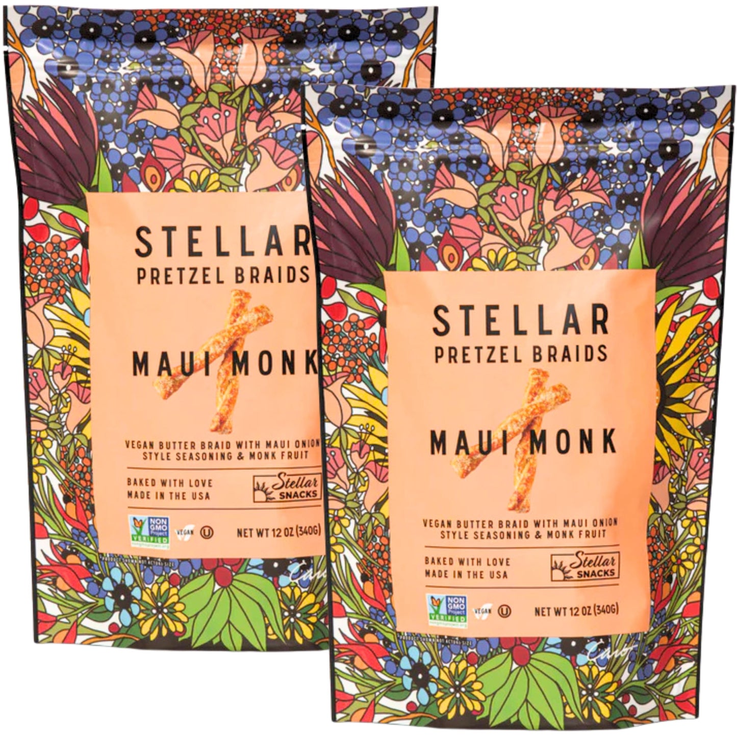 Stellar Snacks Pretzel Braids  Maui Monk  12 Oz Large Bags (Pack of 2) - Vegan  Kosher  Non-GMO  Rods  Twists  Sticks