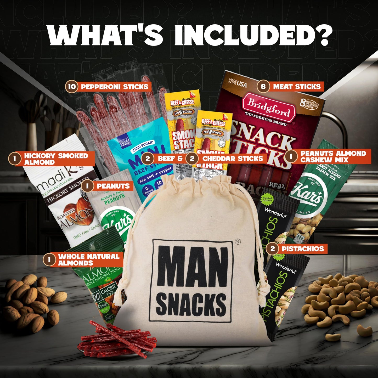 ManSnacks Deluxe Jerky & Nuts Gift Basket - 28 pc Variety of Beef Jerky, Cheese Stick, Nuts in Manly Gift Bag