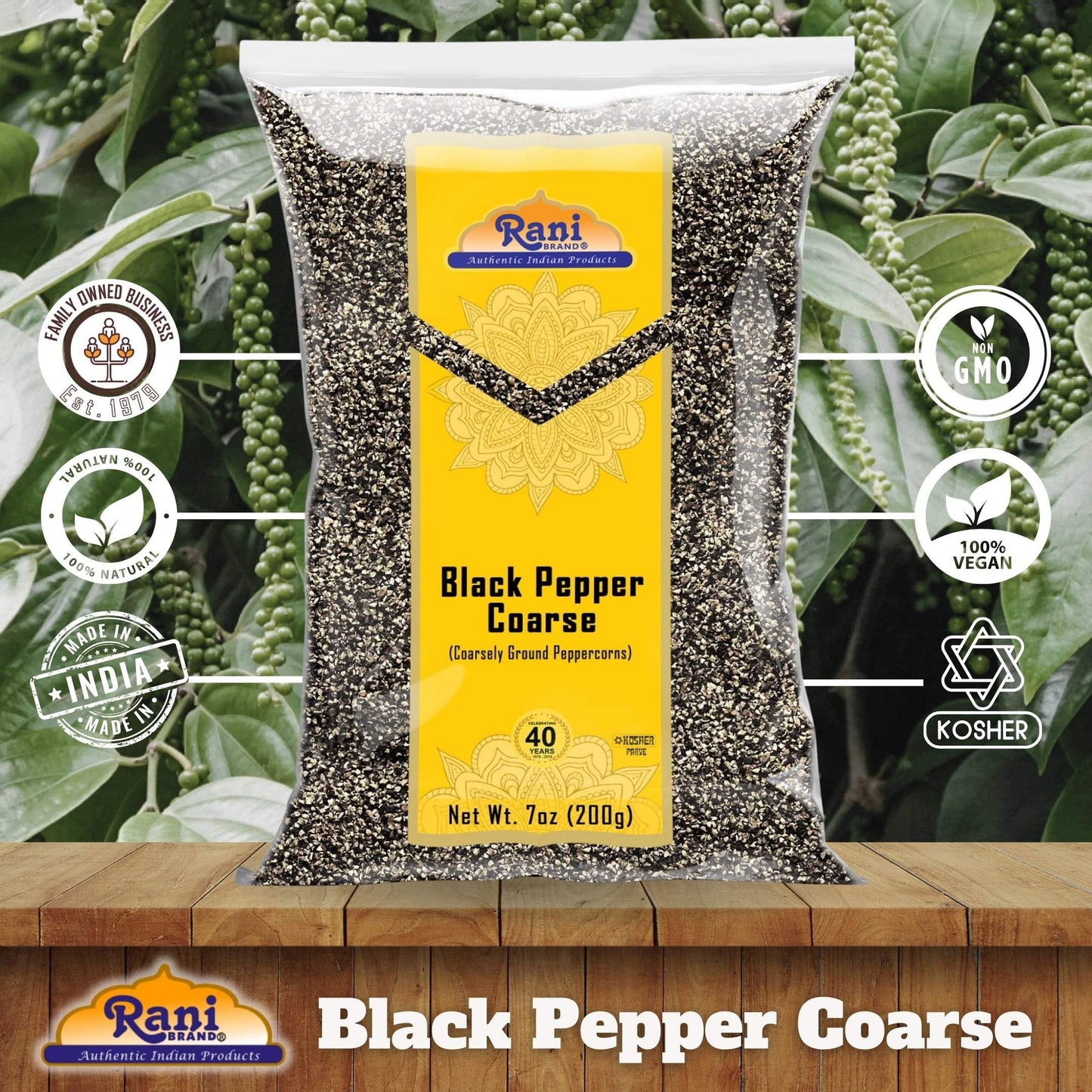 Rani Black Pepper Coarse Ground 28 Mesh (Table Grind) 7Oz (200G) ~ All Natural | Vegan | Gluten Friendly | Non-Gmo | Kosher | Pr