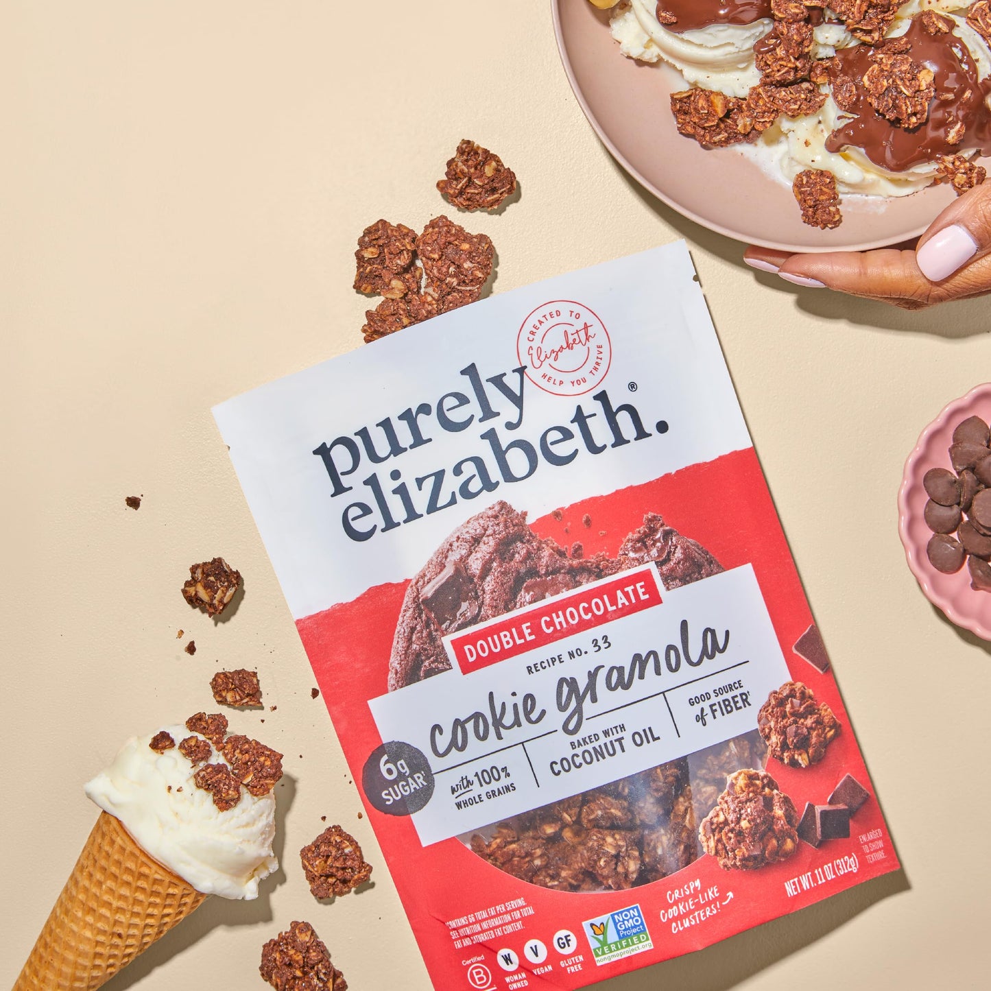 Purely Elizabeth Cookie Granola, Double Chocolate, Gluten-Free, Non-Gmo (3 Ct, 11Oz Bag)