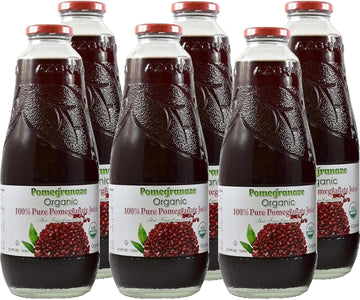 100% Organic Pomegranate Juice  33.8 Oz Glass Bottle (6 Pack) No Sugar  No Artificial Colors  No Preservatives  No Flavors Added  Gluten Free and Kosher