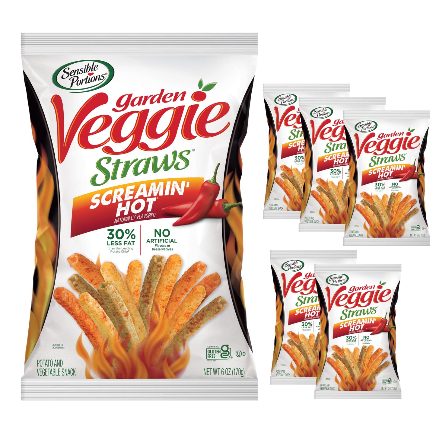 Sensible Portions Veggie Straws, Screamin' Hot Flavor, Gluten-Free Chips, 6 Ounce Bag, 6-Pack