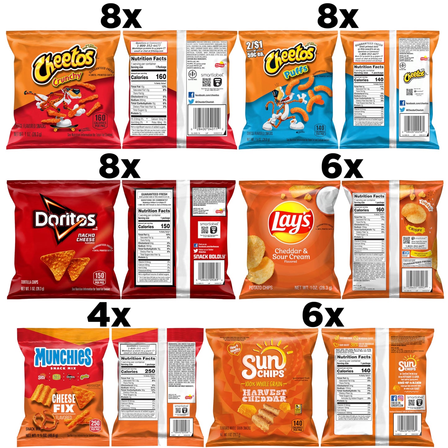 Frito-Lay Cheesy Mix 6 Flavor Variety Pack, Single Serve Bags (40 Pack), Doritos, Cheetos, Lays, Munchies, SunChips