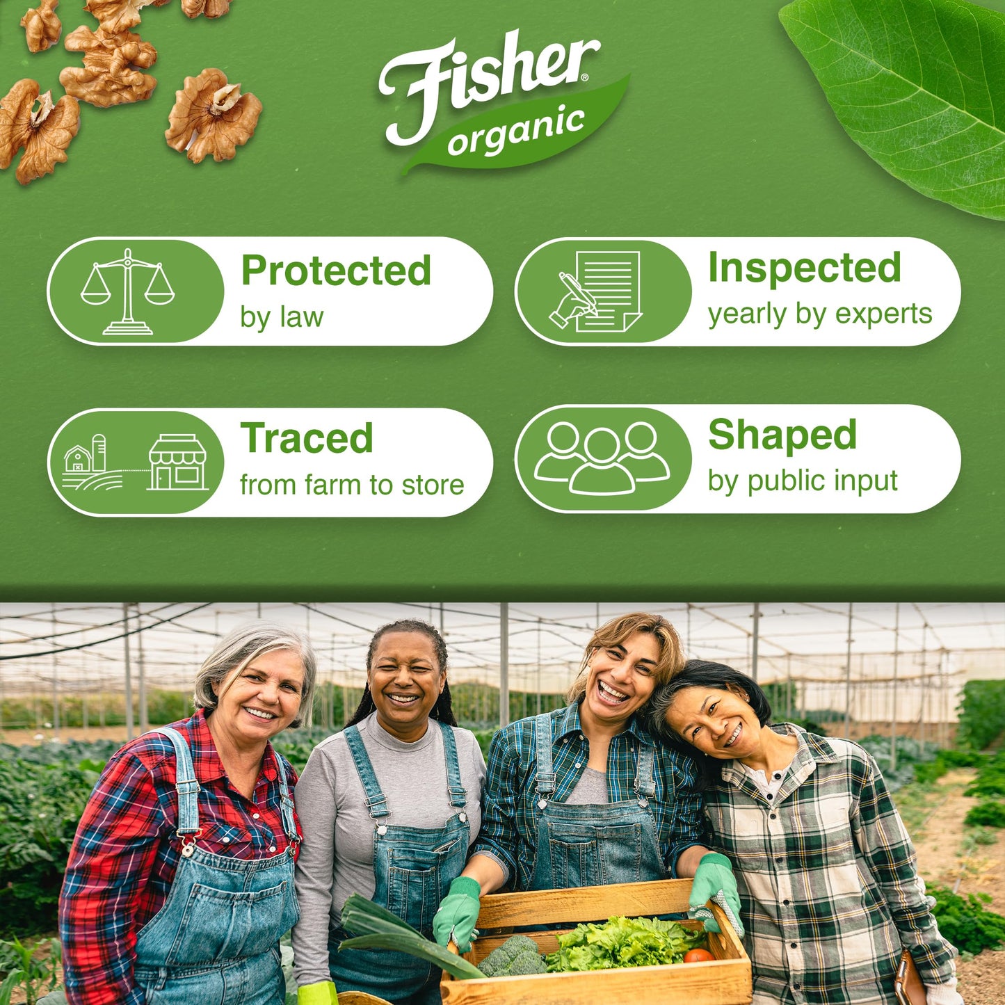 Fisher Organic Walnut Halves & Pieces 16 oz  USDA Certified Organic Nuts  Unsalted California Grown  Non-GMO  No Preservatives  Walnuts for Baking & Cooking  Healthy Snacks for mature-themeds  Resealable Bag
