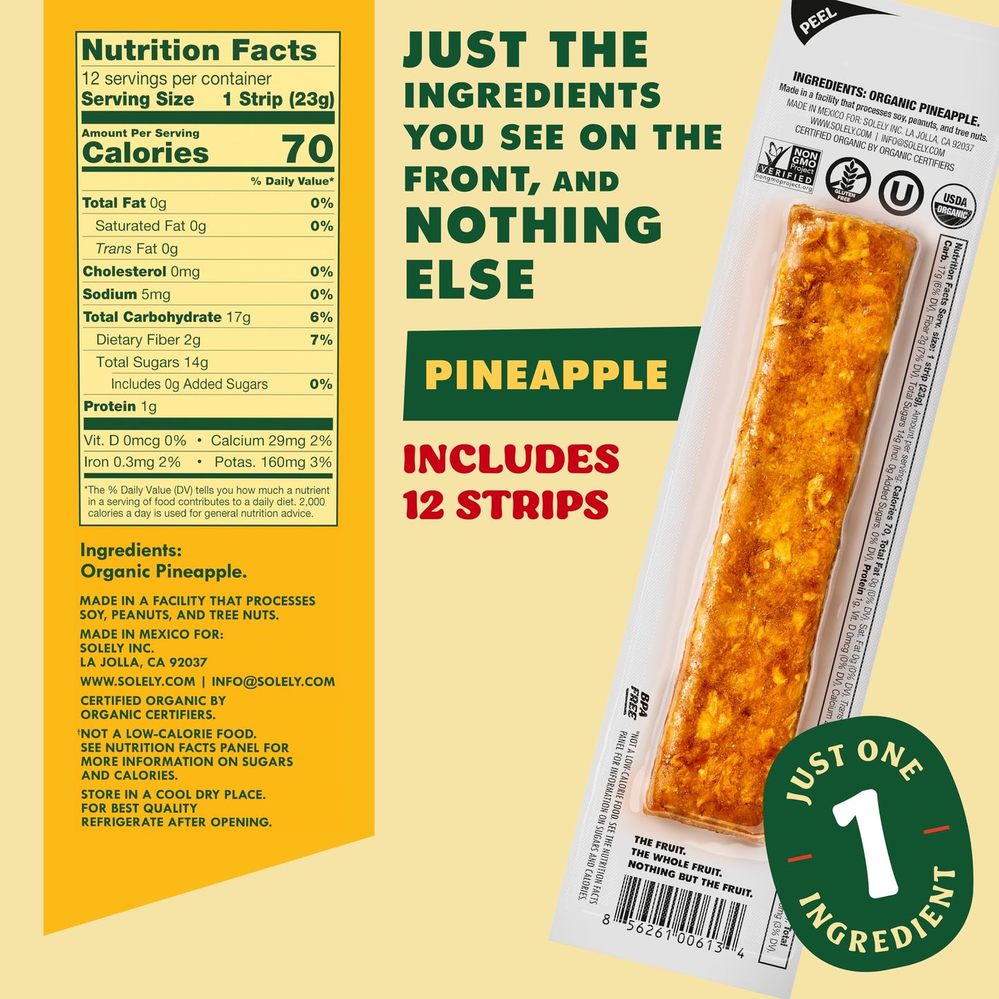 Solely - Organic Pineapple Fruit Jerky - 12 Individually Wrapped Fruit Strips - Fruit Leather Made From Dried Fruit - Healthy Sn