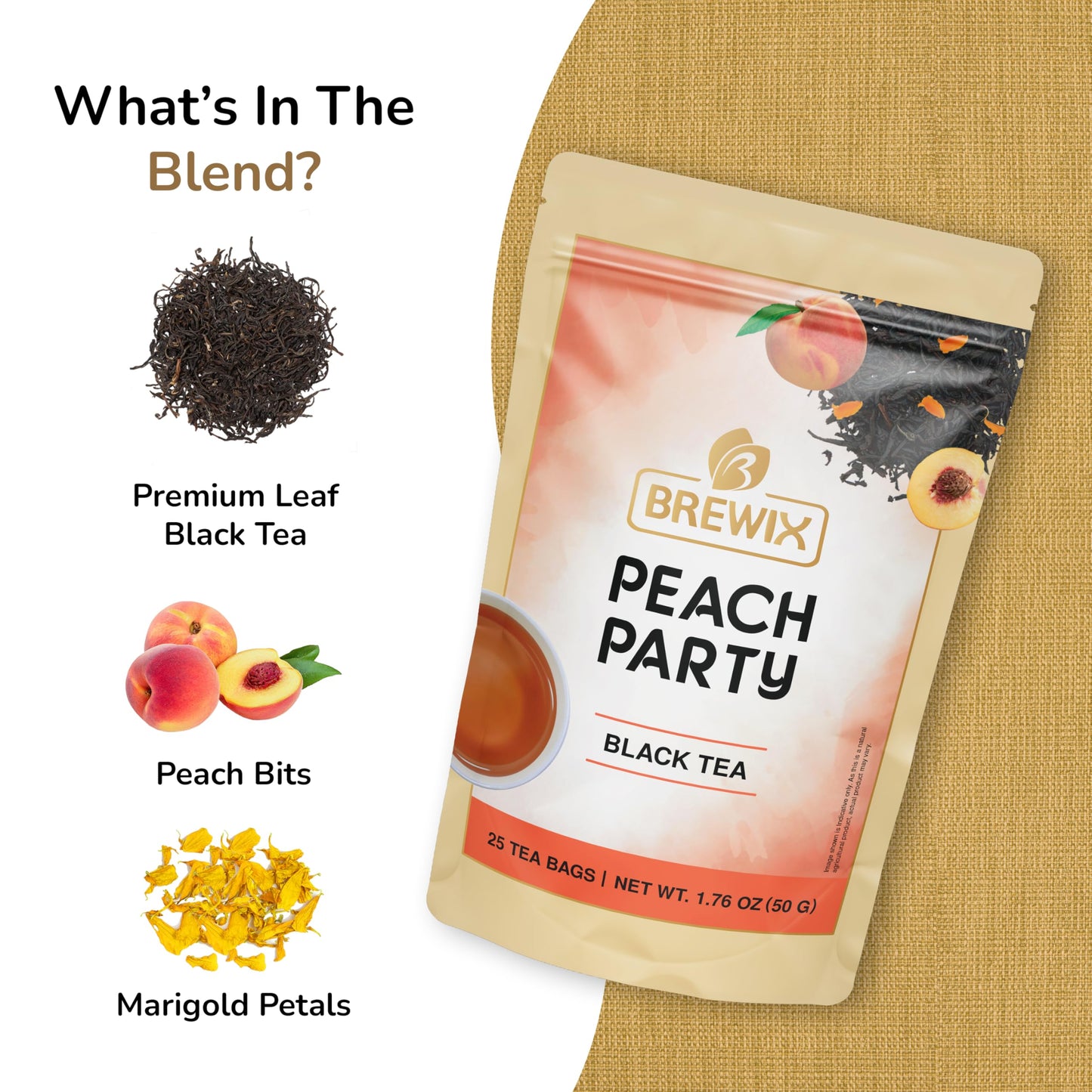 BREWIX Peach Black Tea - Premium Caffeinated Blend, Sugar-Free, 25 Pyramid Bags