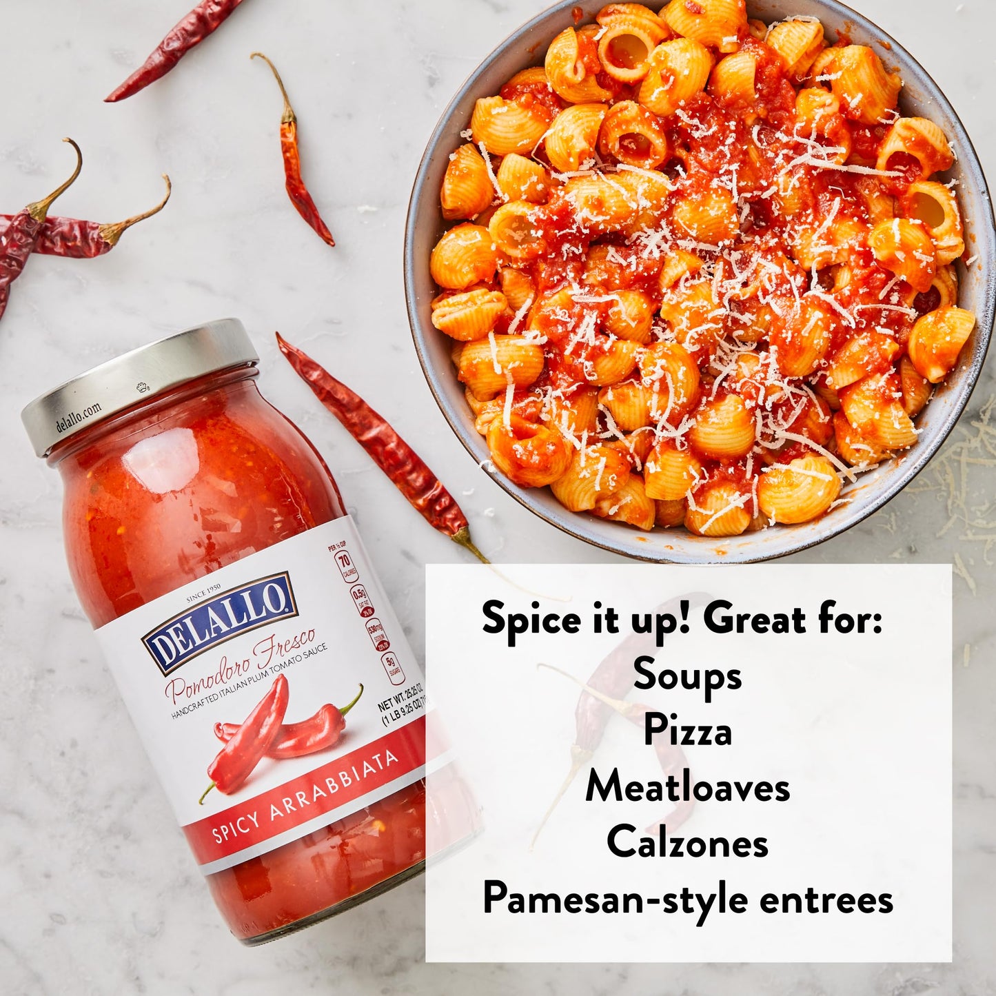 DeLallo Pomodoro Fresco Arrabiatta Sauce, 25.5 oz Jar, No Added Sugar, All Natural, Gluten Free, Non-GMO, Vegan, Spicy Pasta Sau