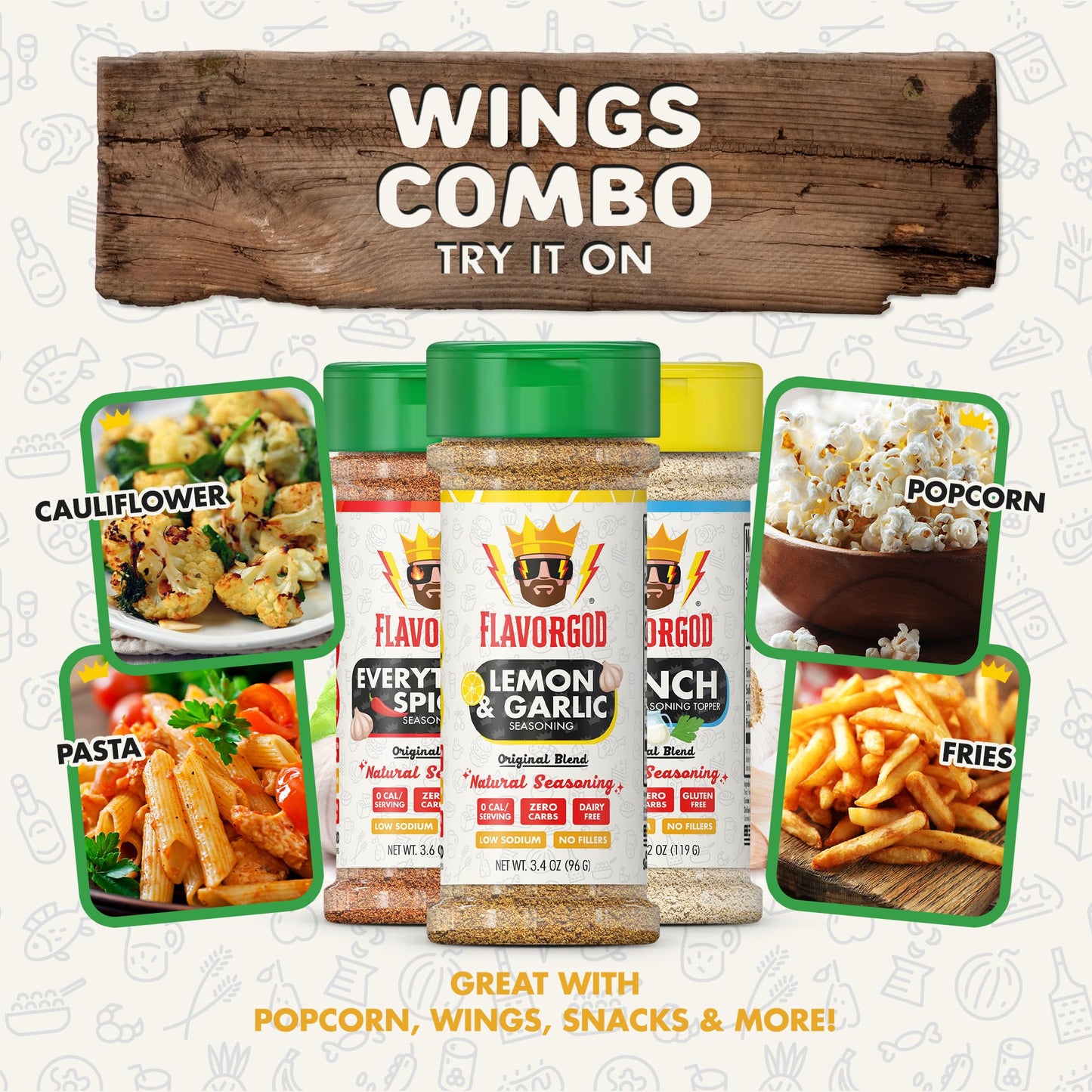 Wings Combo Pack Of 3, Herbs, Spices, Topper And Seasoning Gift Set - Everything Spicy, Lemon & Garlic, And Ranch - Enhanced All Natural & Healthy Spice Blend - Flavor God Seasonings