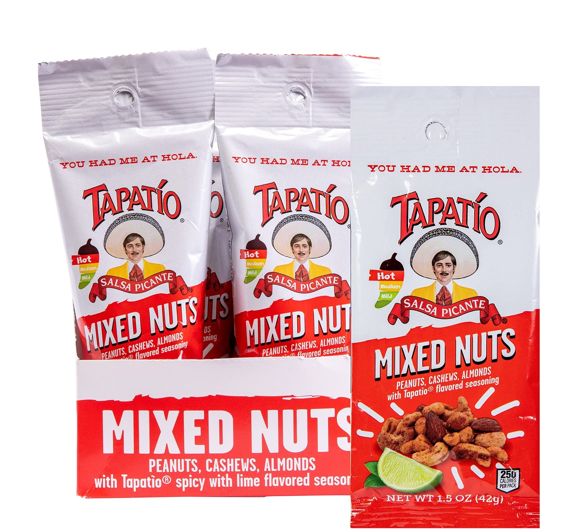 Straight Up Nuts Tapatio Spicy Mixed Nuts, Peanuts, Cashews, Almonds, 2.5 Oz Bags, Pack of 12