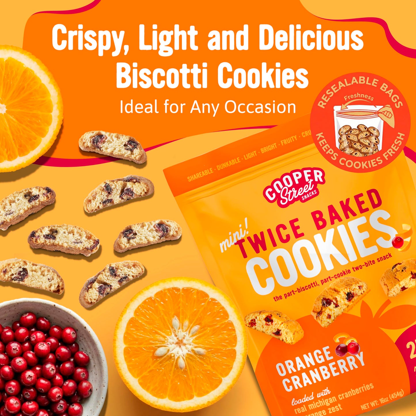 Cooper Street Twice-Baked Orange Cranberry Biscotti Cookies (16 oz) - Over 50 Biscotti per Bag Loaded with Real Fruit, Tradition