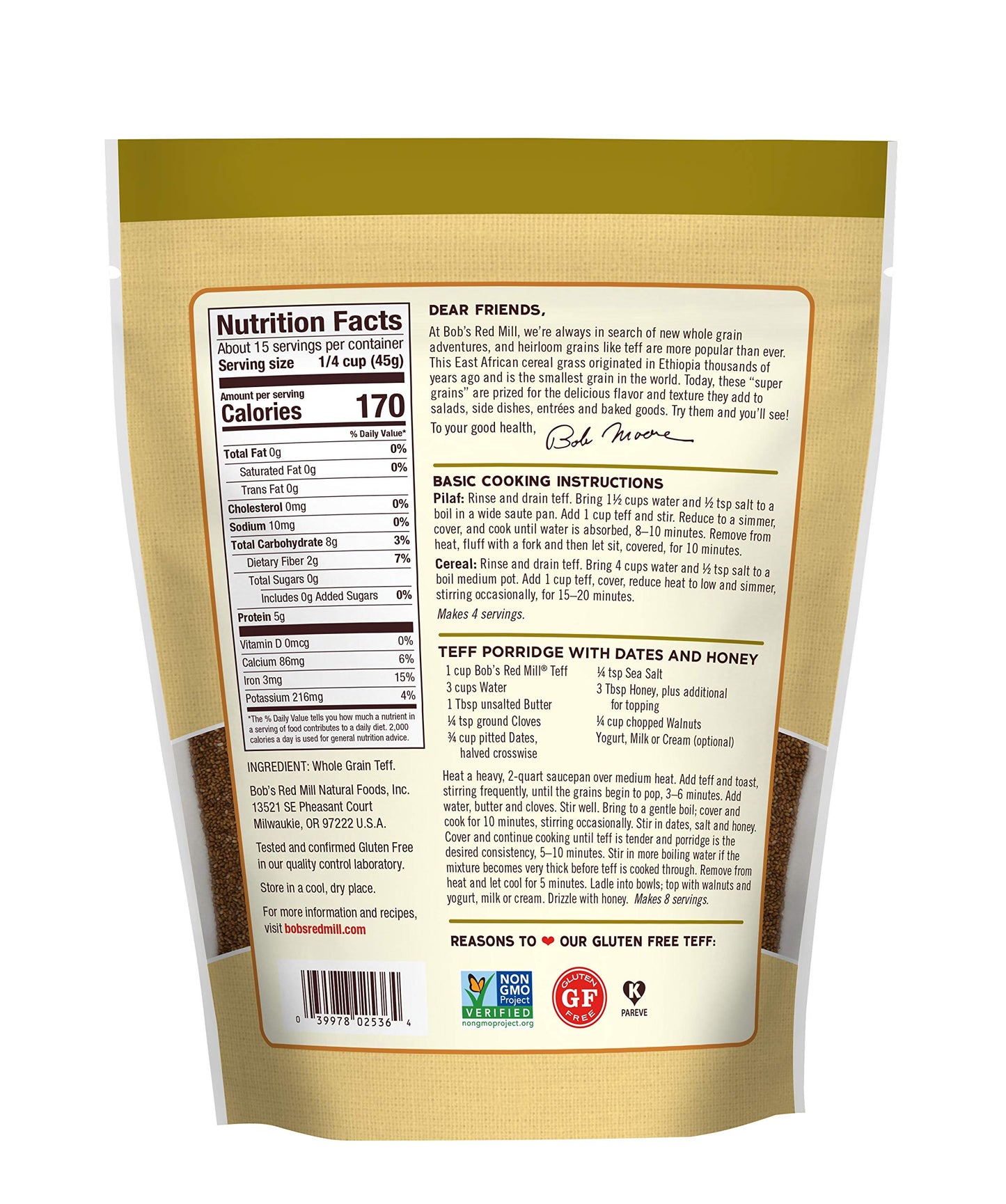 Bob s Red Mill Whole Grain Teff, 24oz (Pack of 4) - Non GMO, Whole Grain, Vegan, Kosher