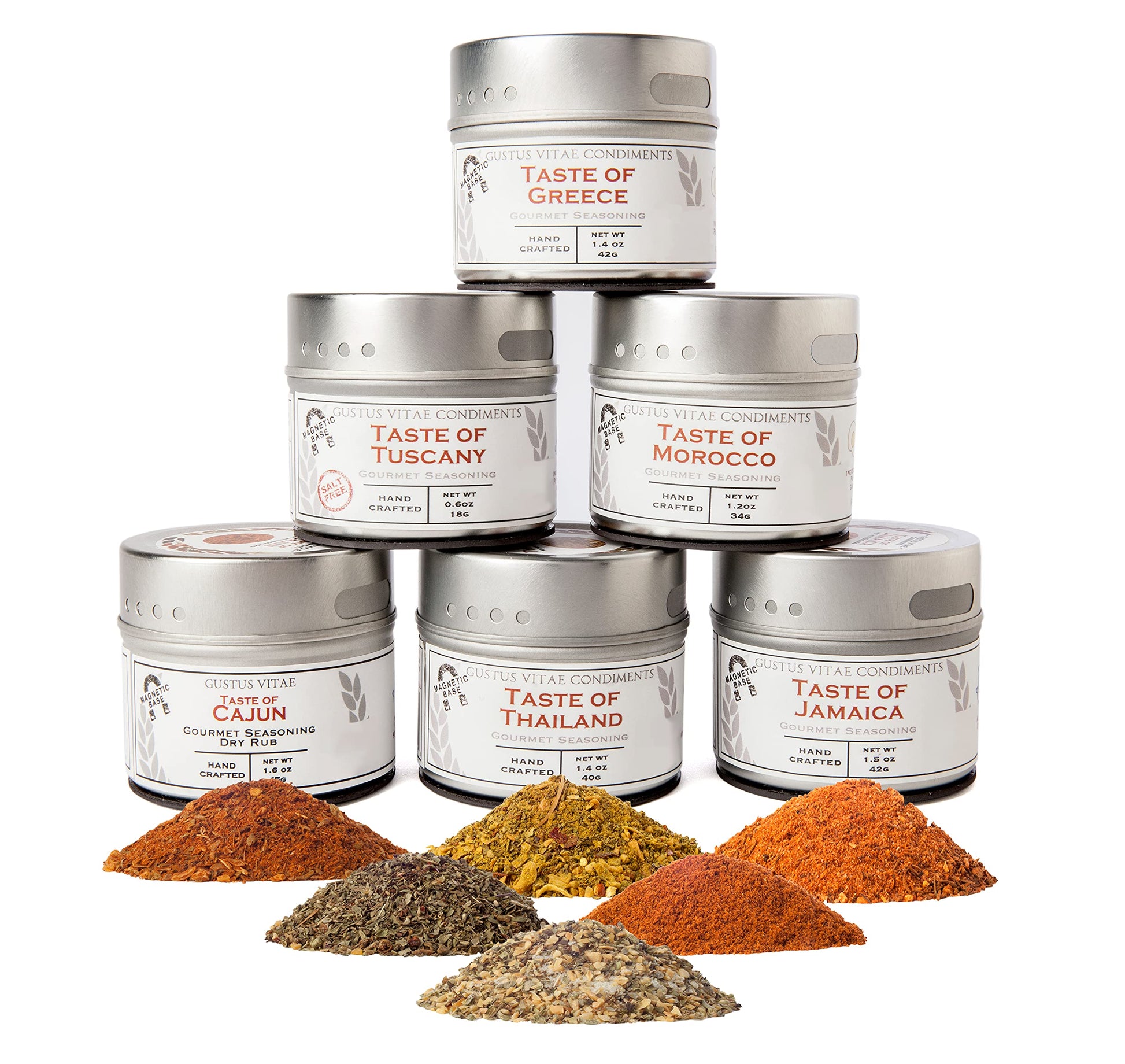 Gourmet World Flavors Seasoning Collection | Non Gmo Verified | 6 Magnetic Tins | Spice Blends | Crafted In Small Batches By Gus