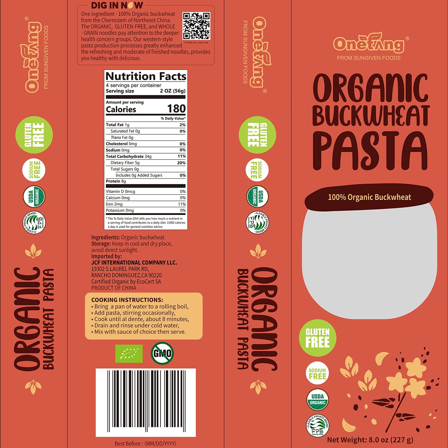 Onetang Spaghetti Gluten-Free Noodles| Whole Grain Buckwheat Spaghetti Pasta | Non-Gmo | Lower Carb | Usda Certified Organic | 8 Oz (3 Pack)