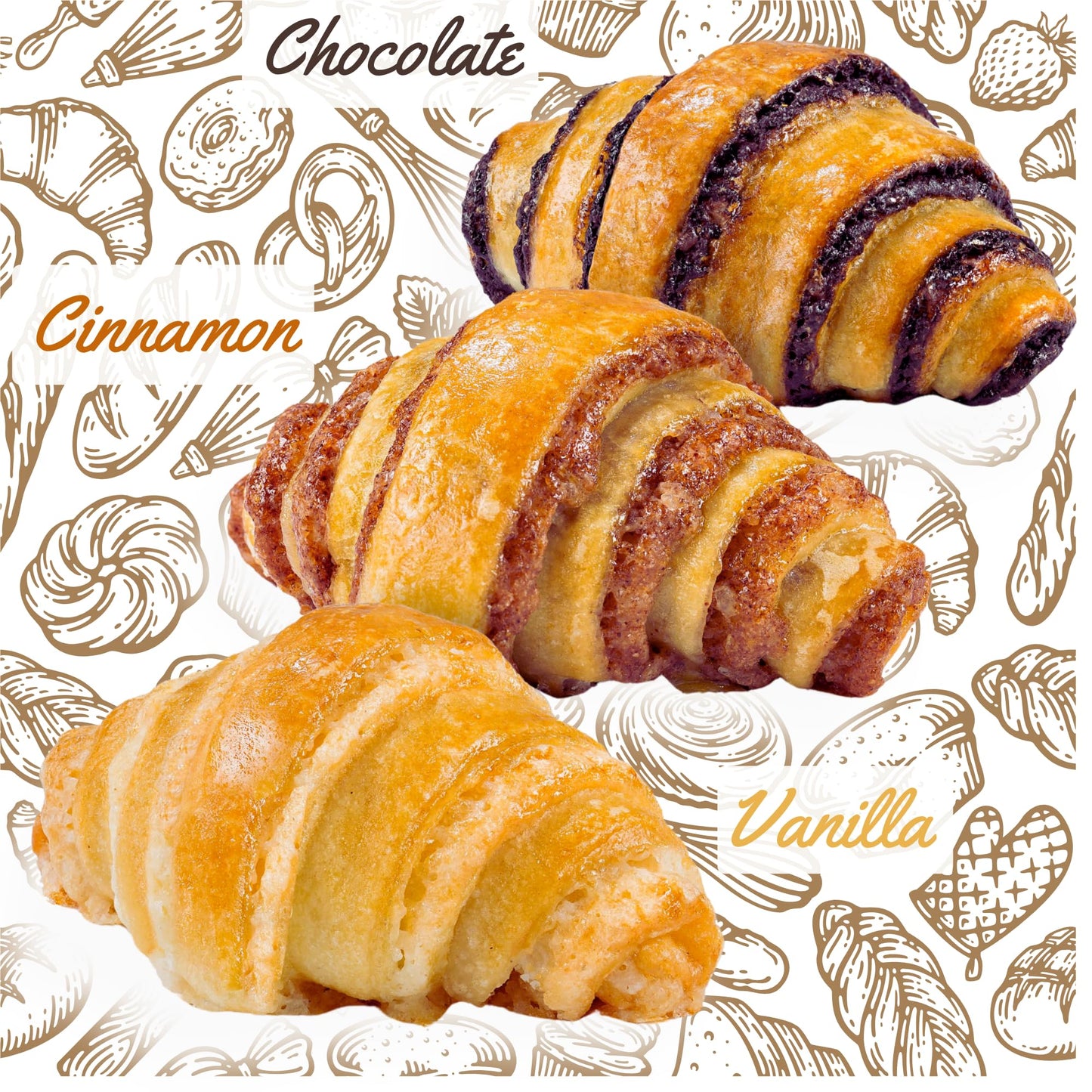 Bakery Fresh Croissants | Traditional Rugelach Pastries in Chocolate Cinnamon Roll & Vanilla Flavor | Approx 18 Rugelach Include