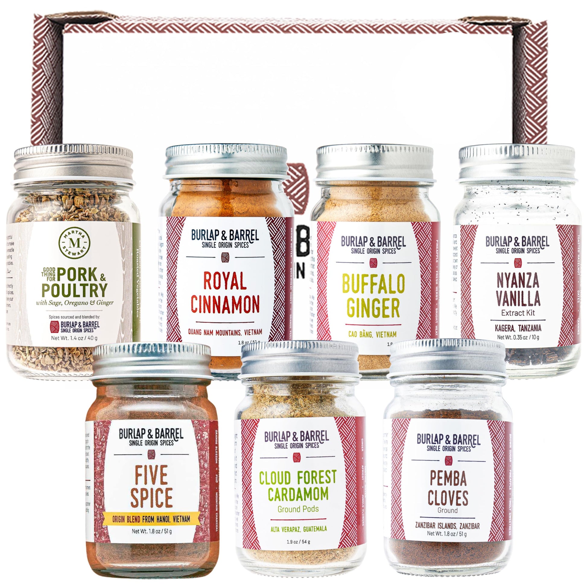Martha Stewart 7-Spice Gift Set - 7 Single Origin Spices, Marthas Pork & Poultry Seasoning - Herbs & Spices From Burlap & Barrel - Cinnamon, Vanilla, & More - Gift For Cooks - 7 Full Size Jars