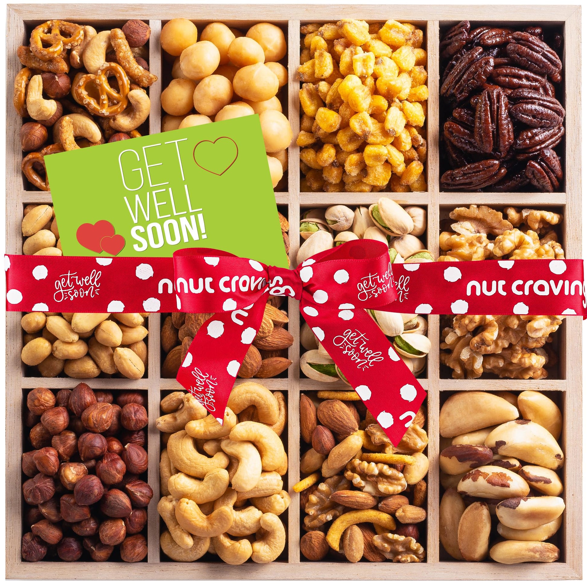 Nut Cravings Gourmet Nuts Gift Basket - 12 Piece Assortment, Get Well Soon Ribbon, Reusable Wooden Tray