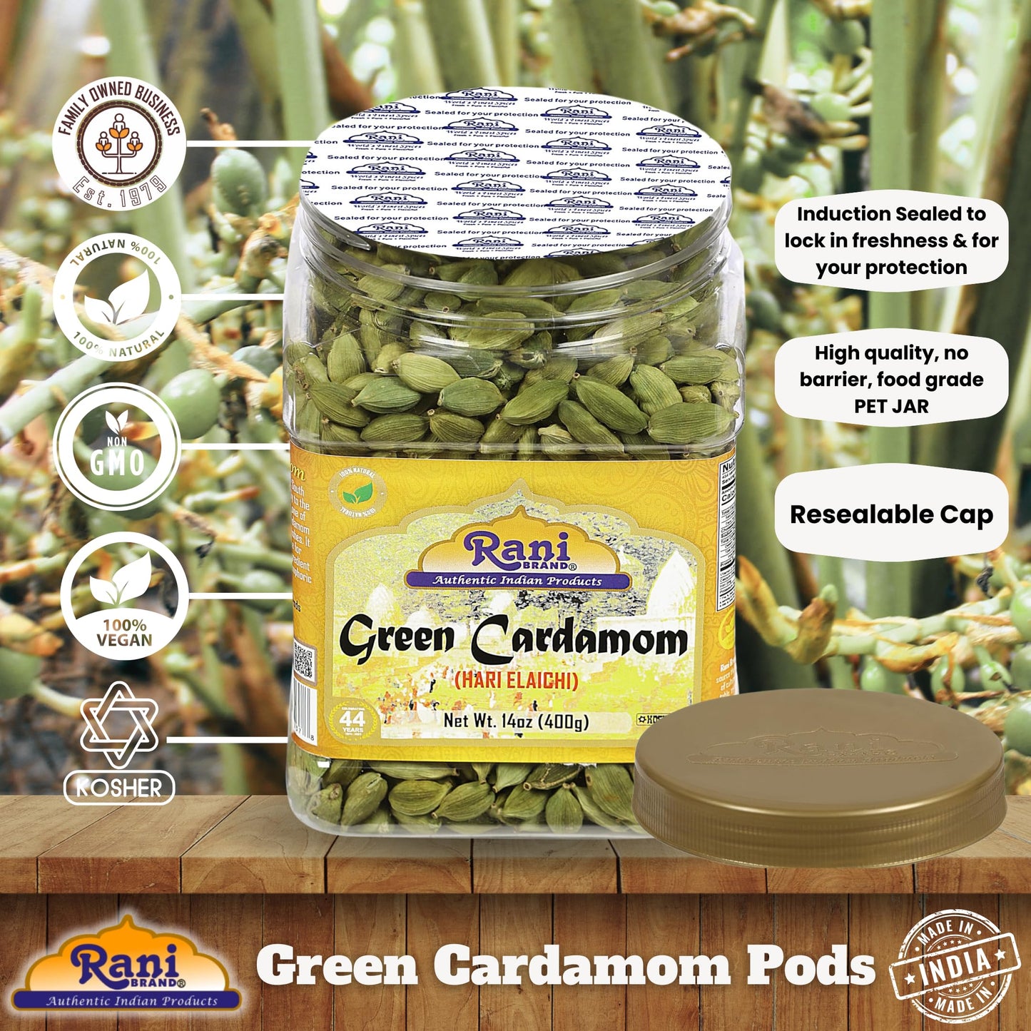 Rani Green Cardamom Pods Spice (Hari Elachi) 14Oz (400G) Pet Jar ~ All Natural | Vegan | Gluten Friendly | Non-Gmo | Product Of