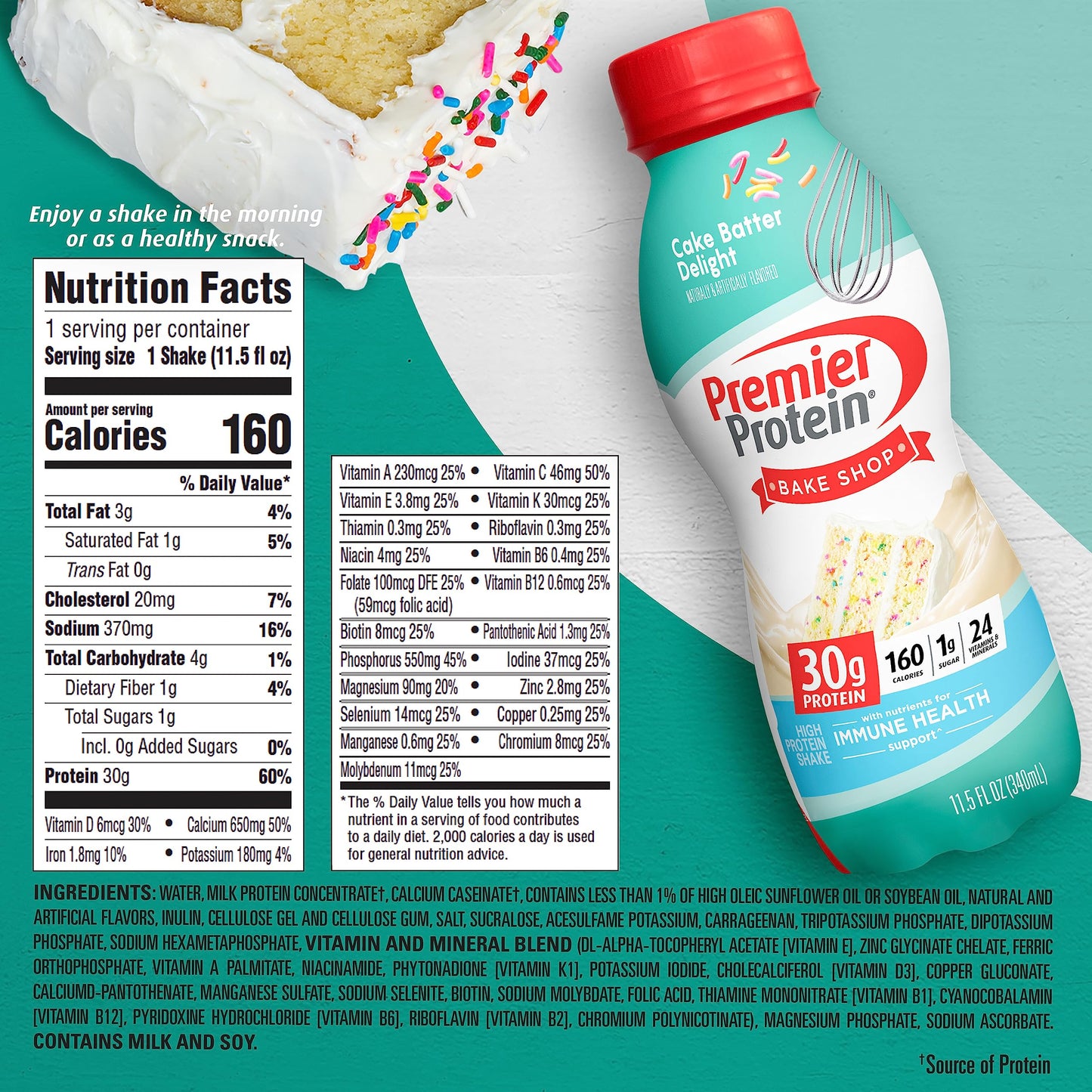 Premier Protein Shake, Cake Batter, 30g Protein, 1g Sugar, 24 Vitamins & Minerals, Nutrients to Support Immune Health, 11.5 Fl O