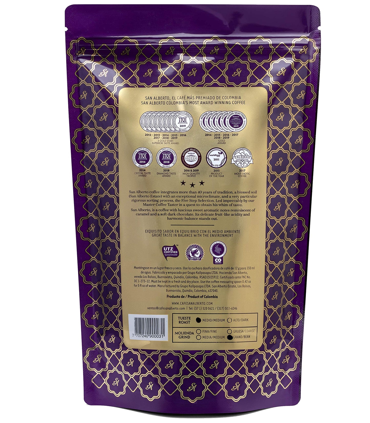 CAFÉ SAN ALBERTO Medium Roast Ground Coffee - 12 oz Colombian Arabica with Caramel & Dark Chocolate Notes - Specialty Coffee