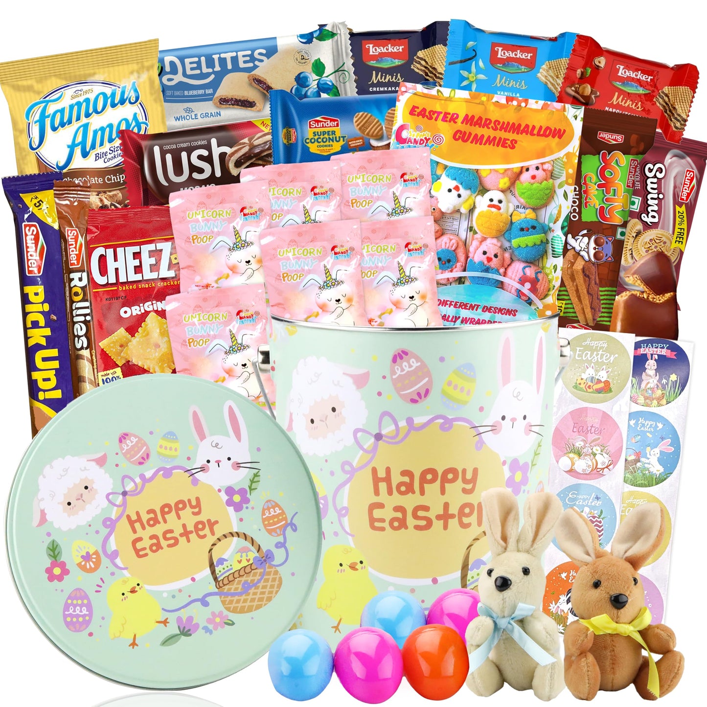 Easter Snack Green Tin Basket (46 Count) Filled with Candy, Treats and Bunny, Great Package for Family, Friends, Kids, Boys and 