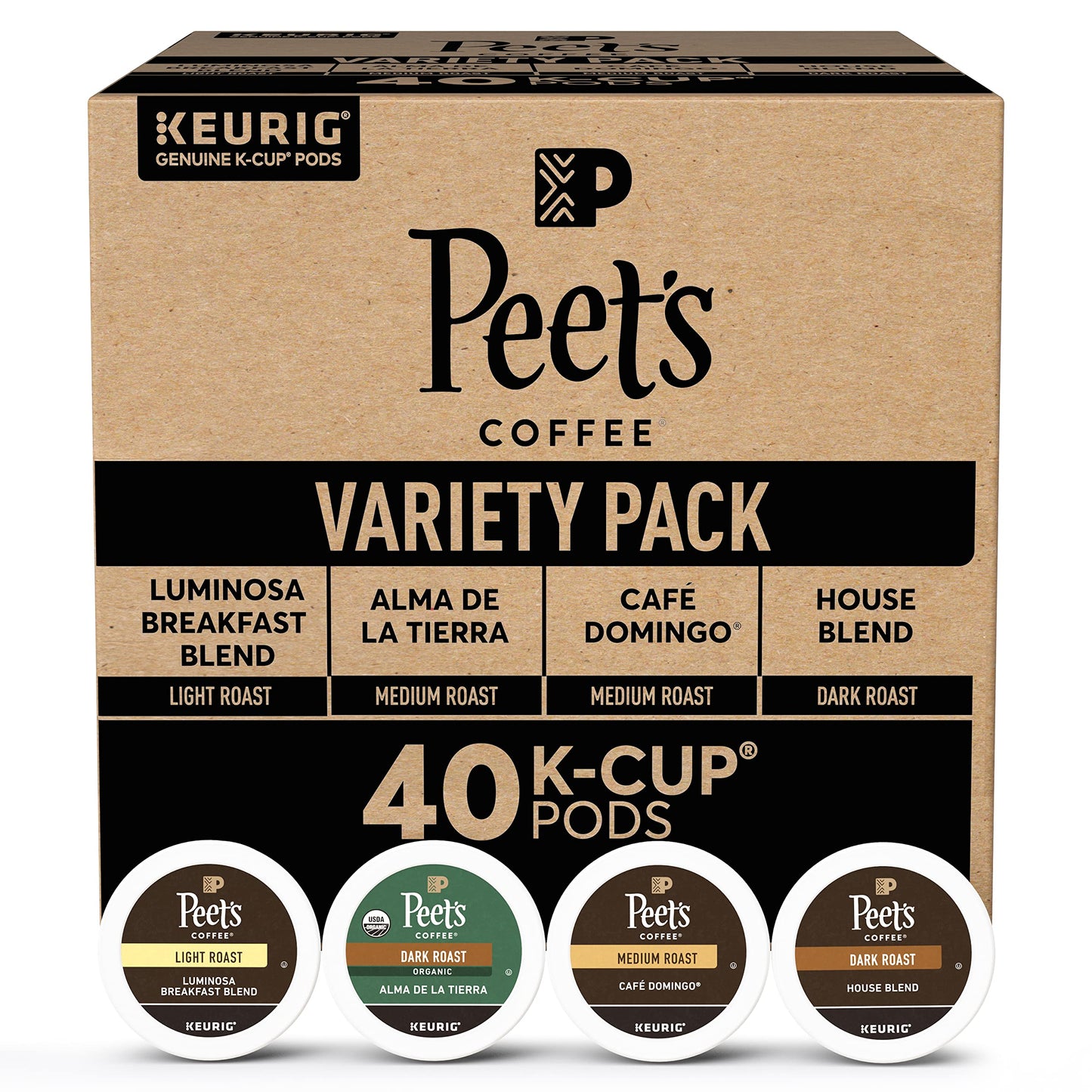 Peets Coffee Single Serve Pods Variety Pack - Luminosa, Café Domingo, Organic Alma De La Tierra, House Blend, 40 Count (4 Boxes of 10 Pods)