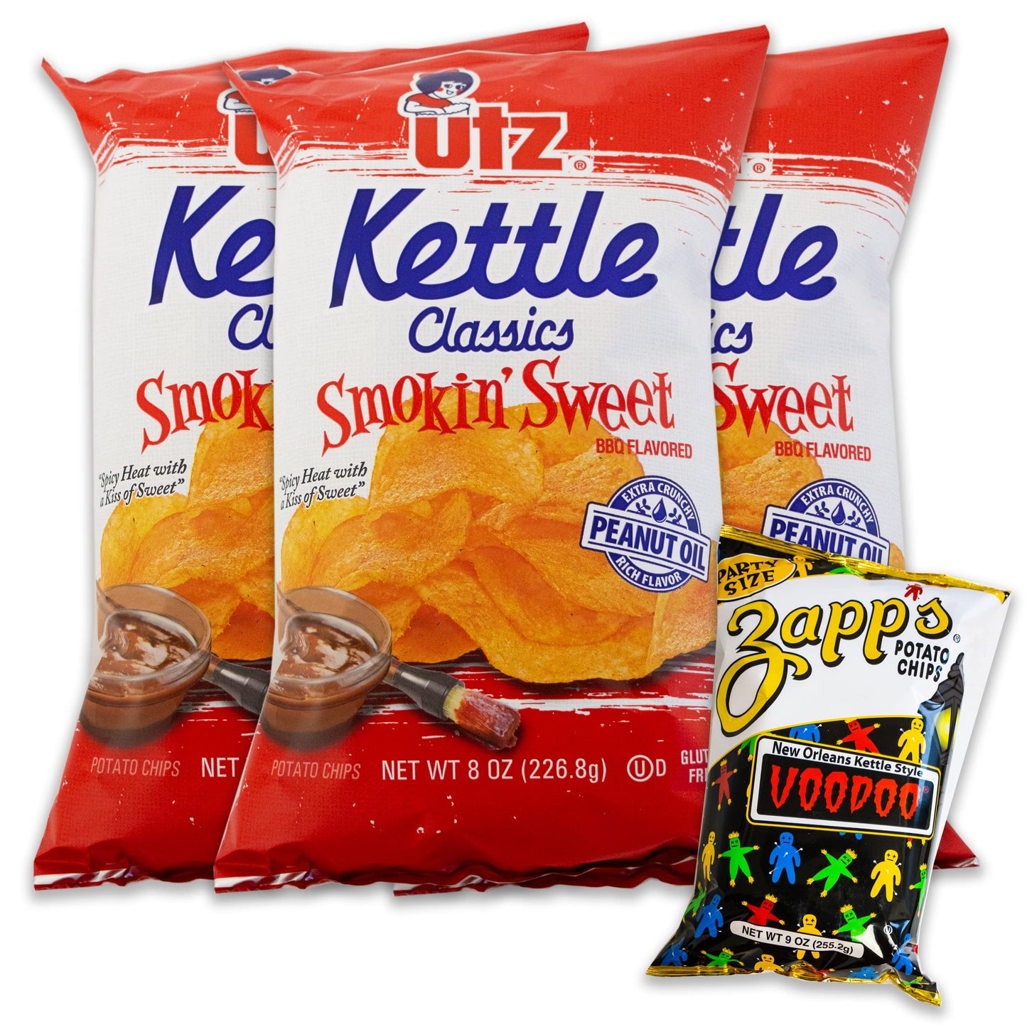 Utz Smokin Sweet BBQ Kettle Potato Chips (3, 8oz bags) - Variety Pack - Zapps New Orleans Voodoo Kettle Chips (1, 9oz) - Crunch