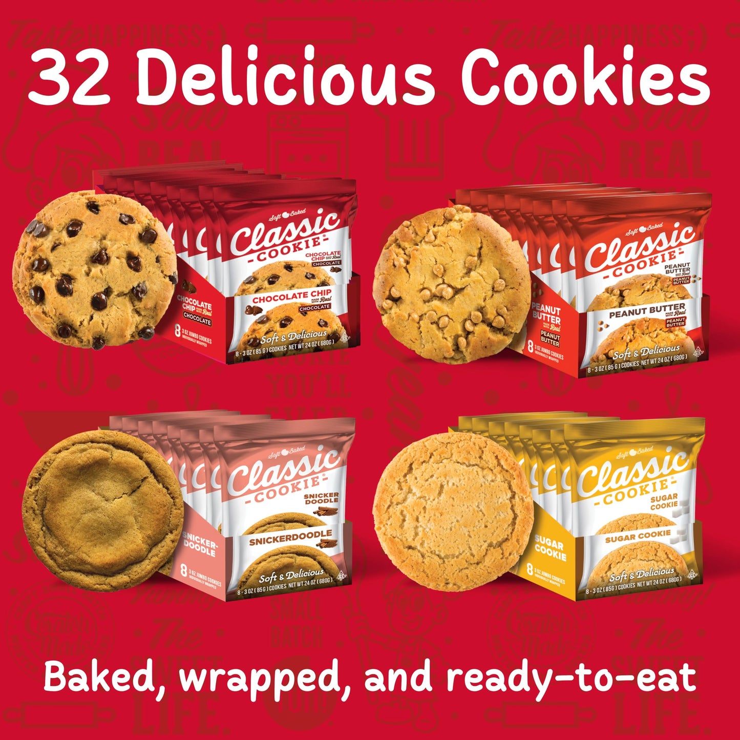 Classic Cookie, Soft Baked Cookie, Variety Pack With 3Oz. Chocolate Chip, Peanut Butter, Sugar Cookie, And Snickerdoodle, 32 Coo