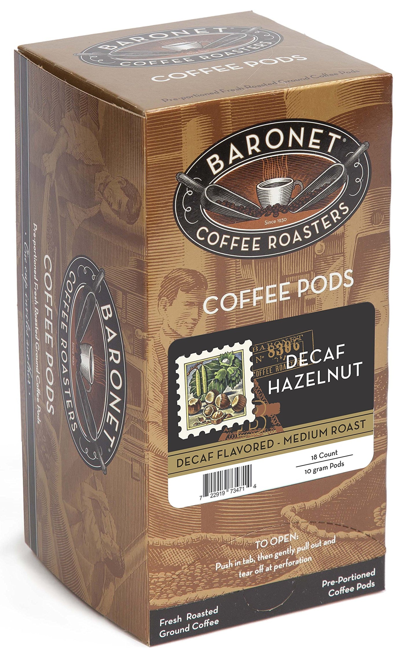 Baronet Coffee Pods Decaf Hazelnut, Flavored Single Cup, 54 Pods (3 Boxes of 18 Ounce) Regular Strength, Medium Roast
