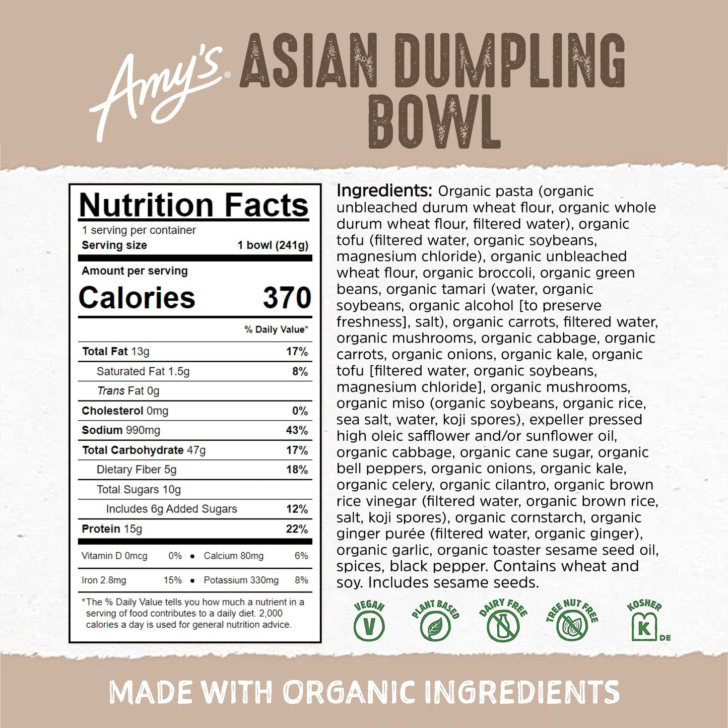 Amys Frozen Bowls, Asian Dumplings In a Savory Hoisin Sauce, Vegan, 8.5 oz.