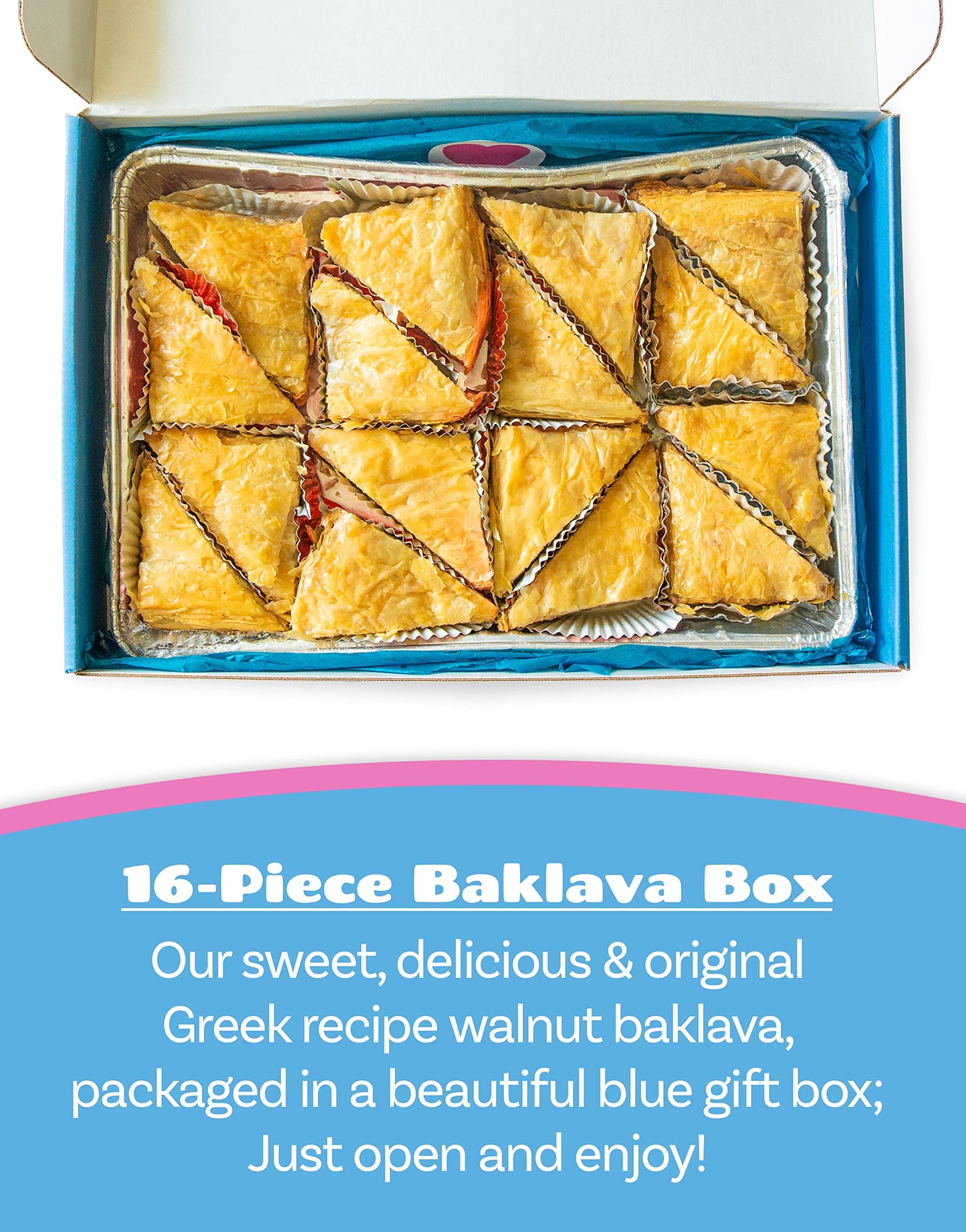 Bakluva 16-Piece Baklava Pastry Dessert Gift Box - (16) Large 2.3 Oz (66 Gram) Pieces - Perfect For Gifts, Parties, And More