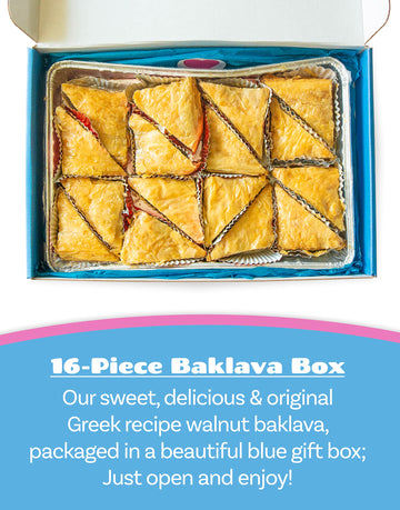 Bakluva 16-Piece Baklava Pastry Dessert Gift Box - (16) Large 2.3 Oz (66 Gram) Pieces - Perfect For Gifts, Parties, And More