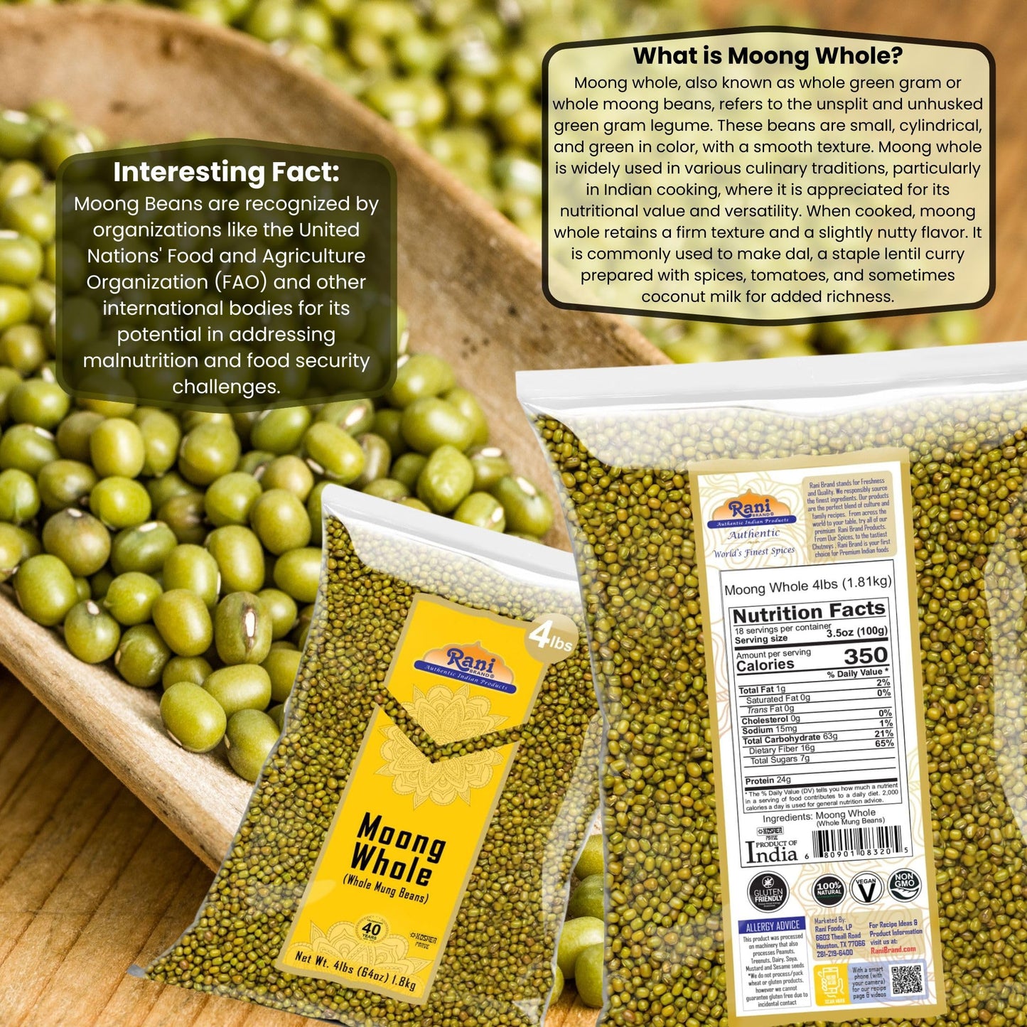 Rani Moong Whole (Ideal For Cooking & Sprouting, Whole Mung Beans With Skin) Lentils Indian 64Oz (4Lbs) 1.81Kg Bulk ~ All Natural | Gluten Friendly | Non-Gmo | Vegan | Indian Origin