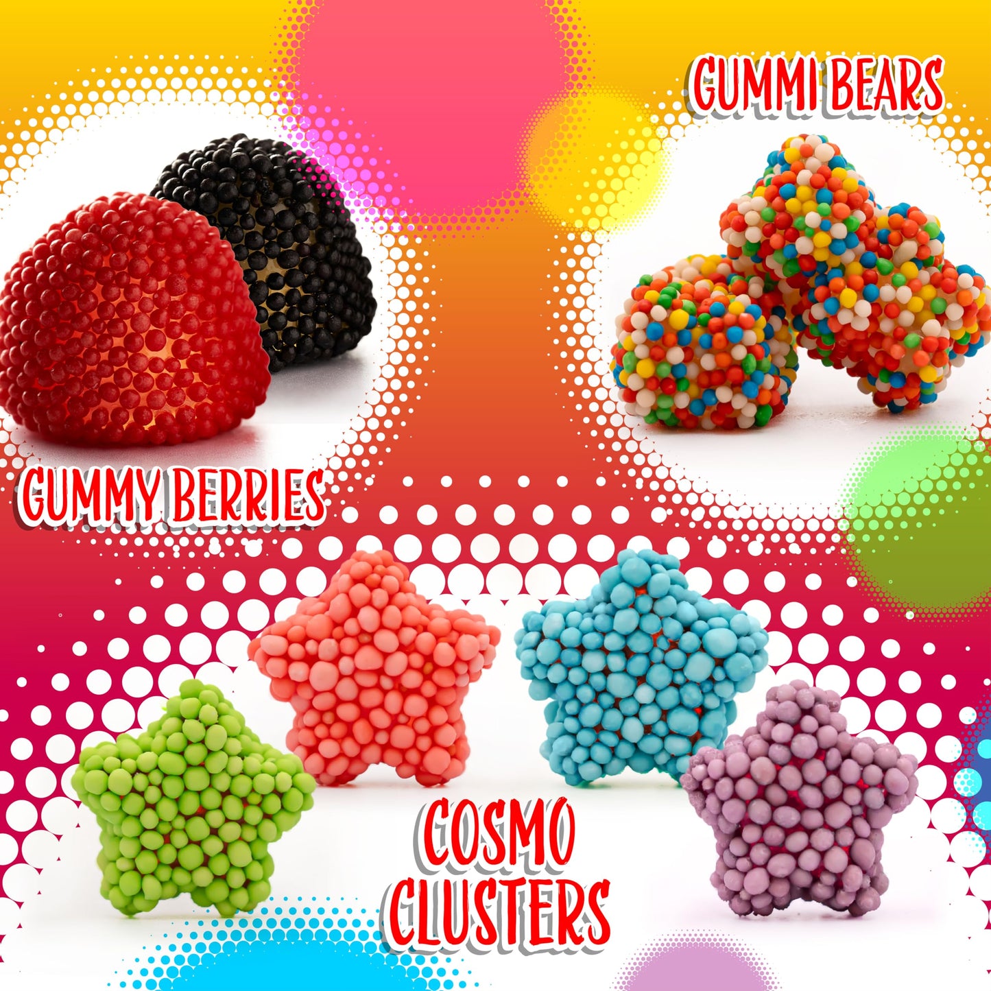 Crunchy Gummy Candy Mix | 2 Pound Bag | Rainbow Nonpareils Bears  Berries  Star Shaped Chewy Clusters | Gummy Mix for Kids Party Favors | Fruity and Sour Flavors