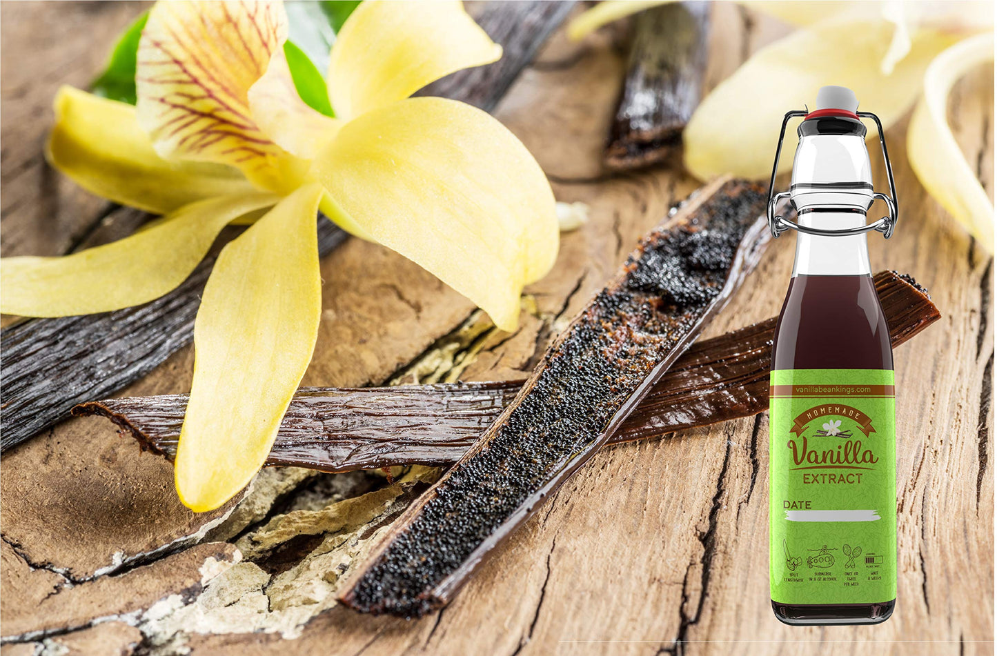 Vanilla Bean Kings Homemade Vanilla Extract Kit, 1 oz Organic Madagascar Vanilla Beans, 8.5 oz Glass Bottle, Black/Dark Brown