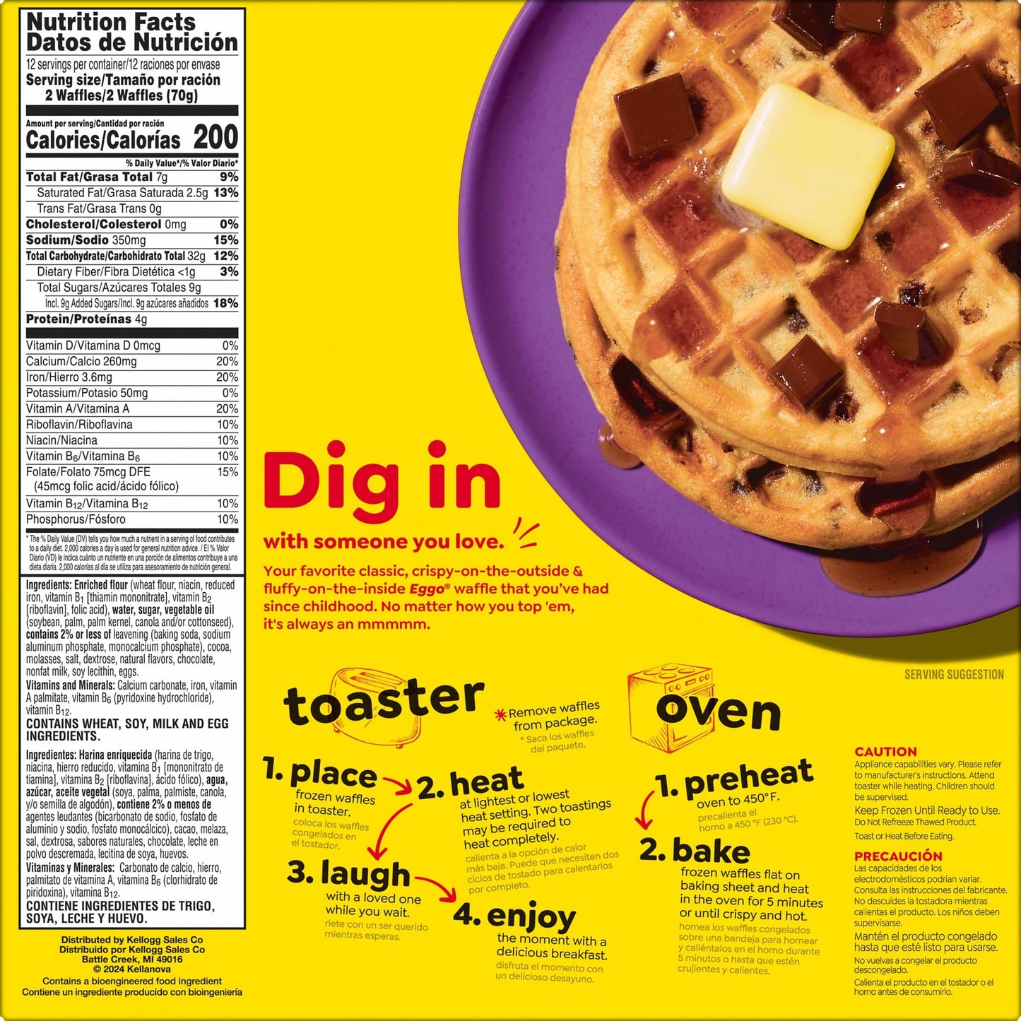 Eggo Frozen Waffles, Frozen Breakfast, Breakfast Food, Family Pack, Chocolatey Chip, 29.6oz Box (24 Waffles)
