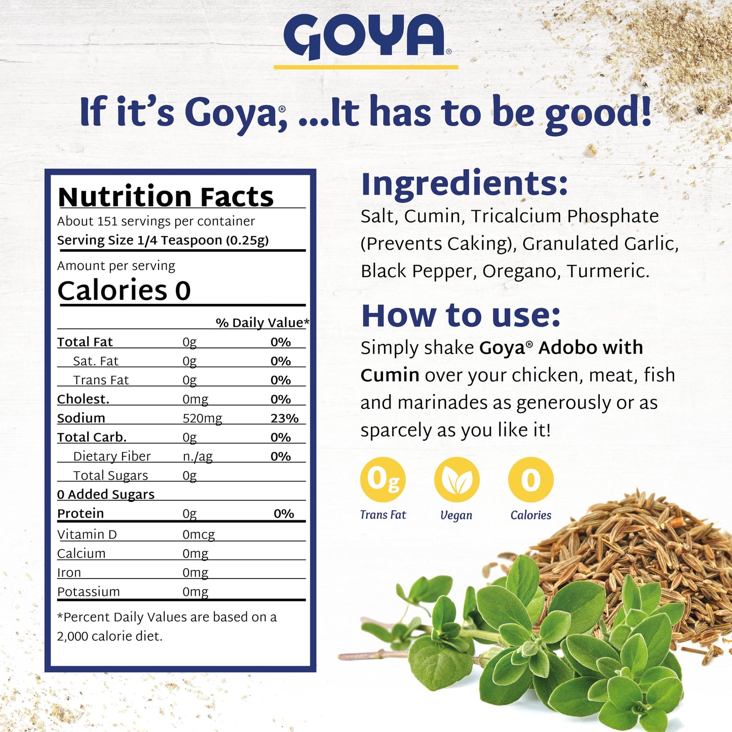 Adobo All Purpose Seasoning with Cumin by Goya, Poultry, Seafood, Meat, and Vegetable Seasoning, Fat Free and Calorie Free Latin
