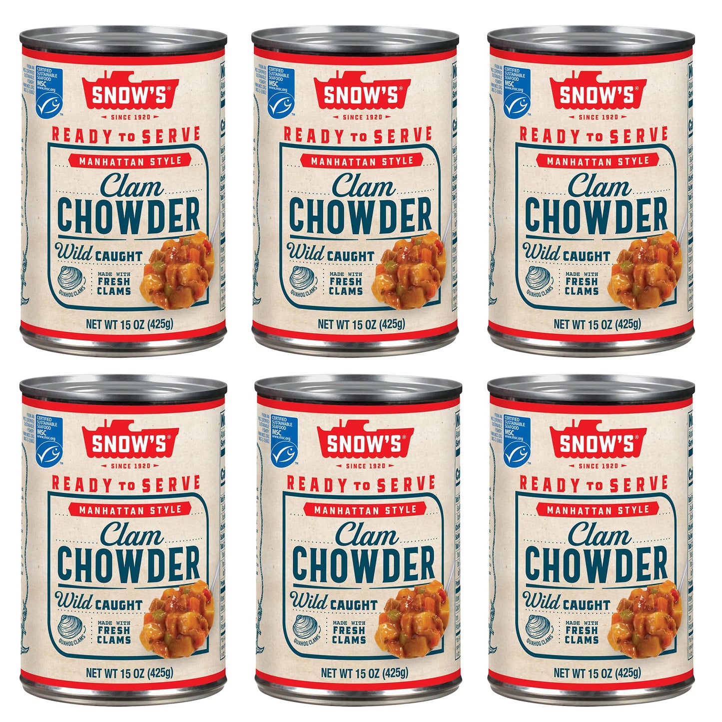 Snows Manhattan Clam Chowder, 15 oz Can - 11g Protein per Serving - Ready-to-Serve Authentic Manhattan Style Recipe (Pack of 6)