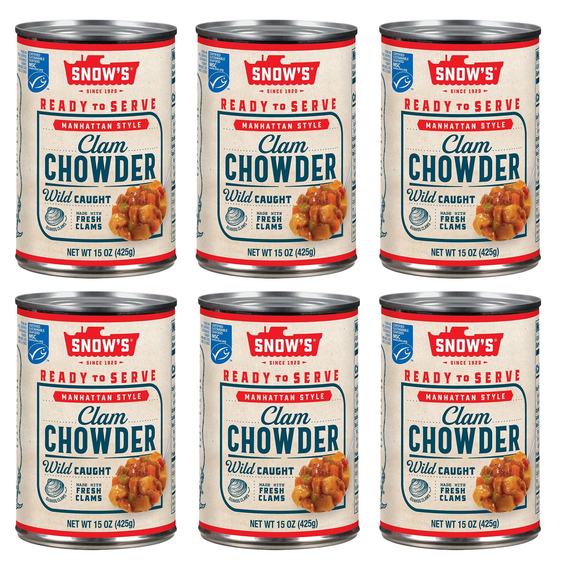 Snows Manhattan Clam Chowder, 15 oz Can - 11g Protein per Serving - Ready-to-Serve Authentic Manhattan Style Recipe (Pack of 6)
