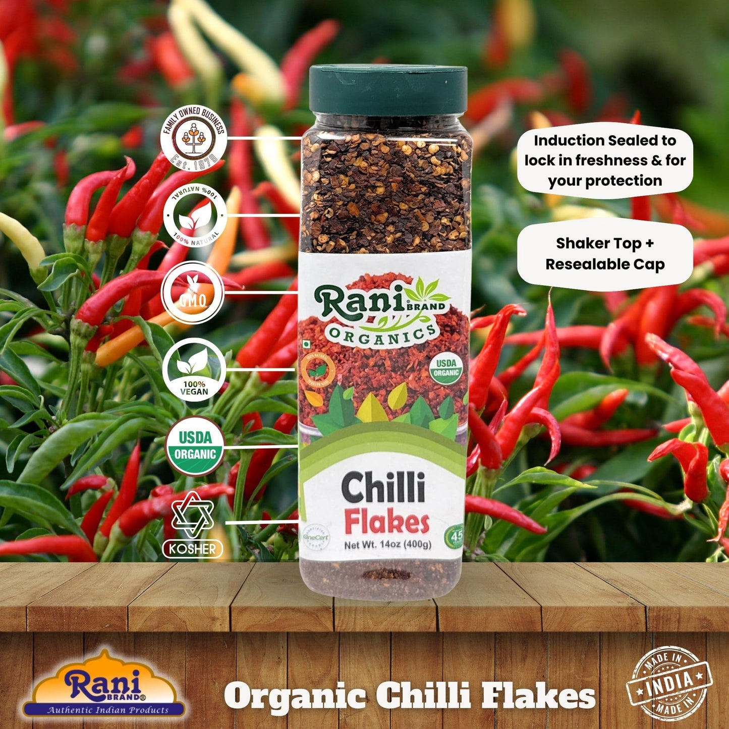 Rani Organic Chilli Flakes 14Oz (400G) Pet Jar ~ All Natural, No Color Added | Gluten Friendly | Vegan | Non-Gmo | Kosher | No S