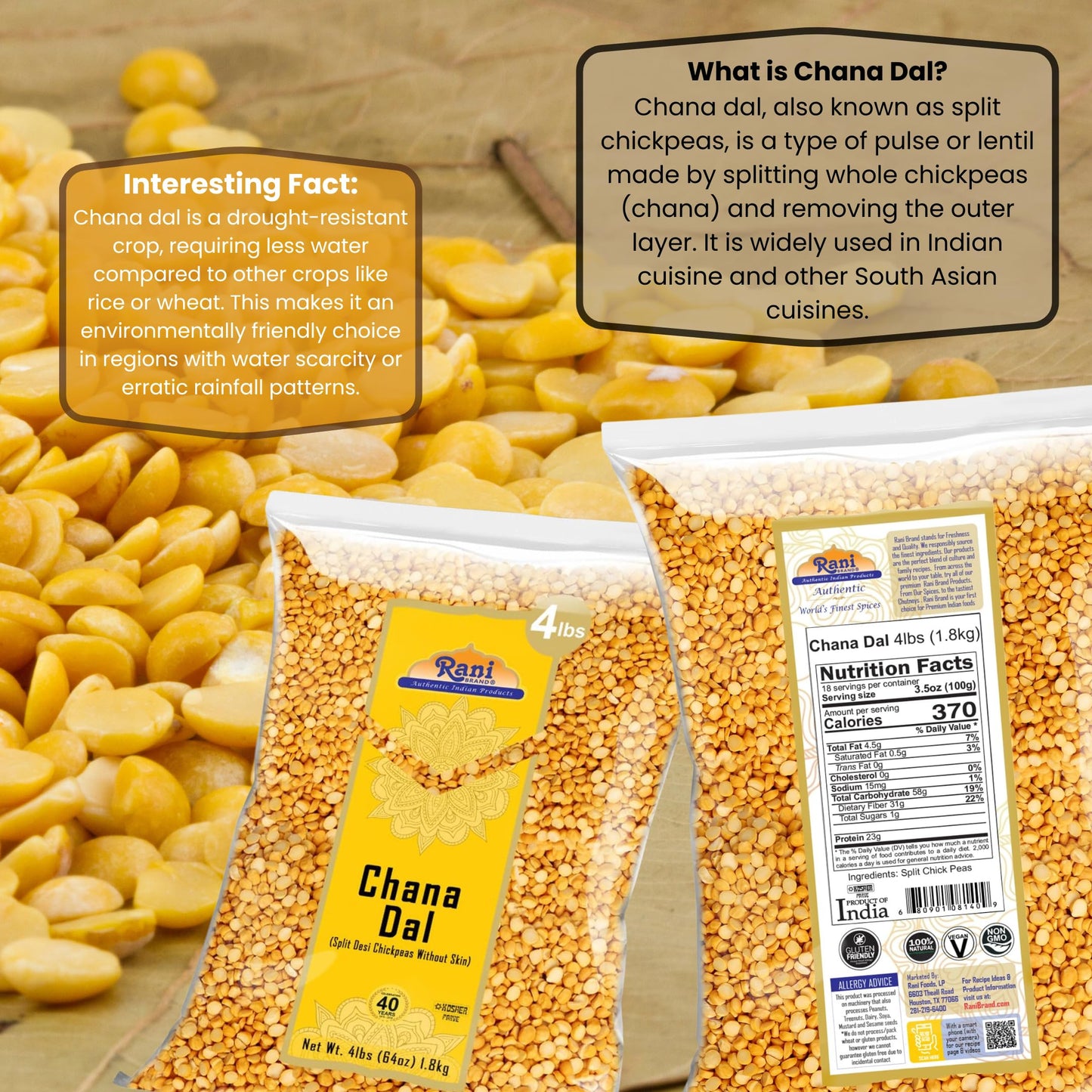 Rani Chana Dal (Split Desi Chickpeas Without Skin) 64Oz (4Lbs) 1.81Kg Bulk ~ All Natural | Gluten Friendly | Non-Gmo | Kosher | Vegan | Indian Origin